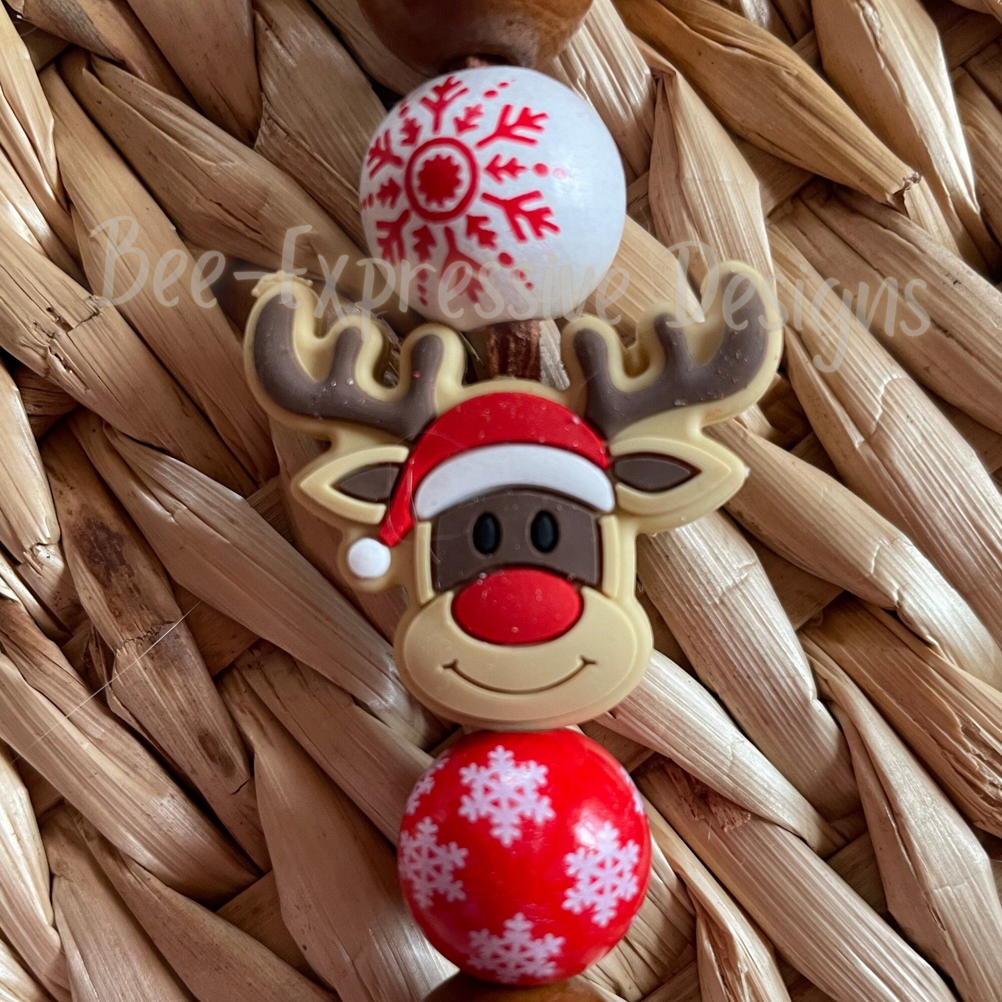 Handmade Rudolph Reindeer Christmas Keychain: Suede Tassels & Wood Beads