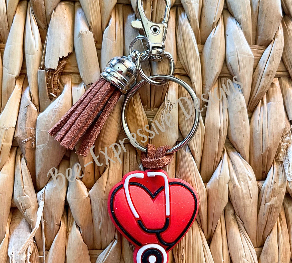 Handmade NURSE, Dr., PHYSICIAN, health care staff, keychain with stethoscope, heart, cup of coffee or expresso cup!