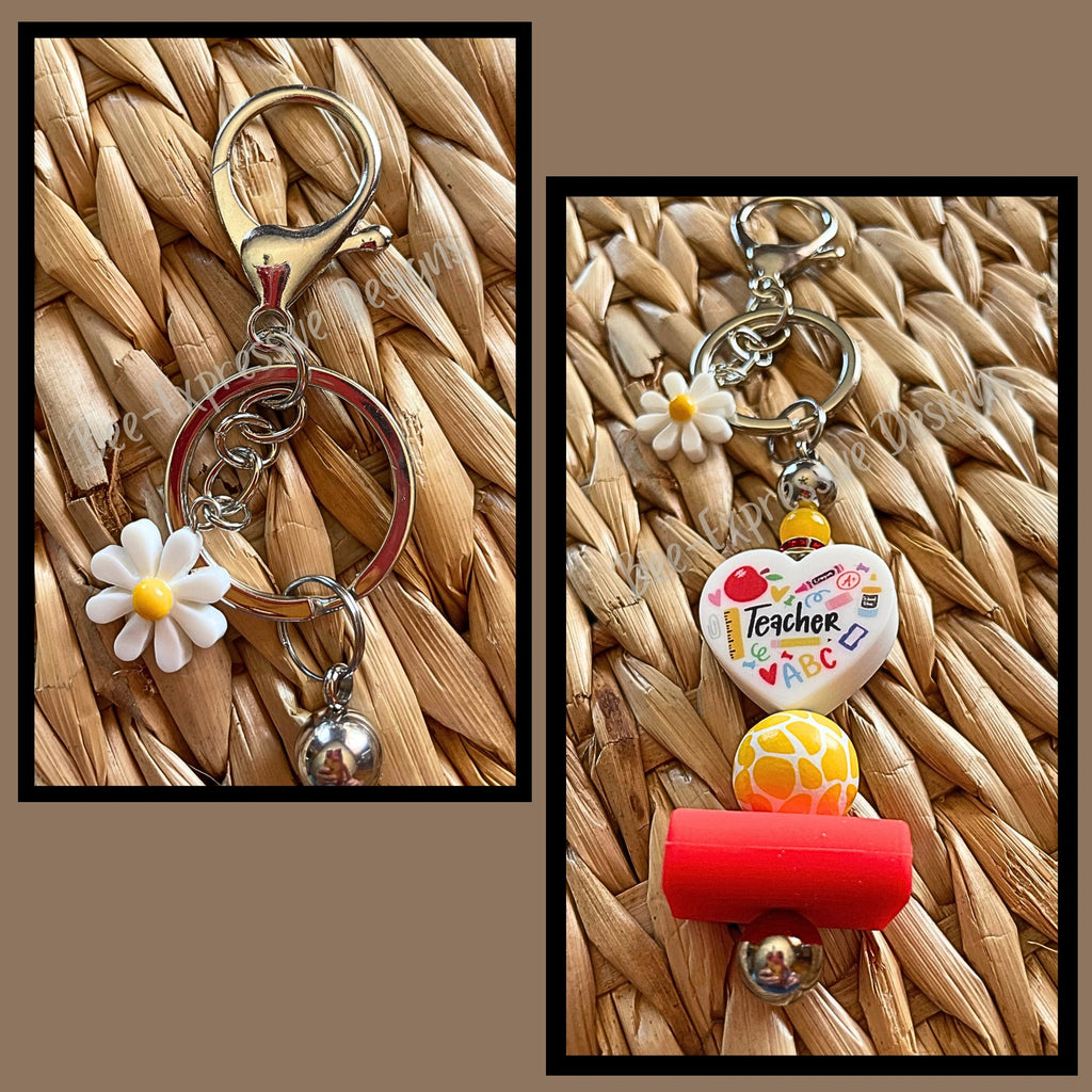 Adorable, TEACHER keychain! Lobster or swivel clasp, book, yellow animal print bead, and a silicone focal heart bead, daisy charm!