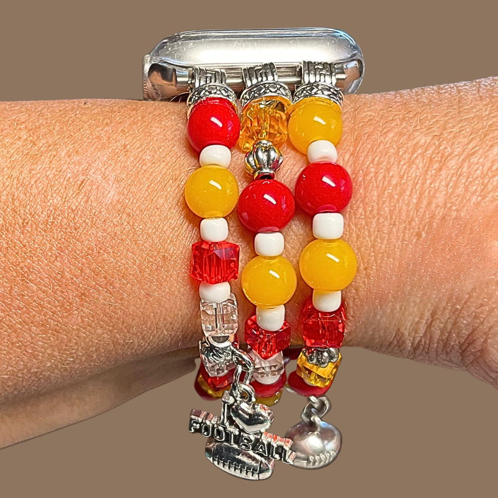 Handmade, beaded, KC or school football watch bracelet! Acrylic beads, end tubes, three football charms, custom sizes and adapter colors!