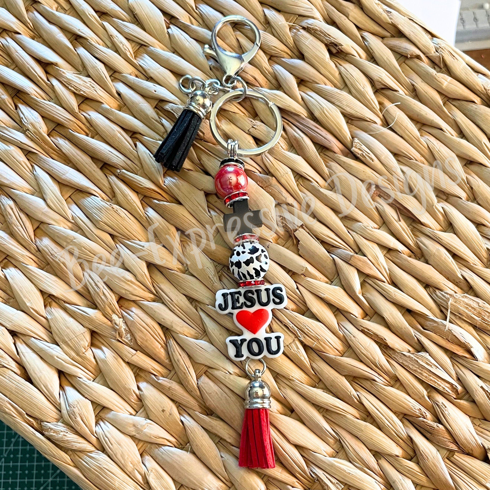 Handmade Jesus Loves You beaded keychain with a wood cross accent!  So cute!