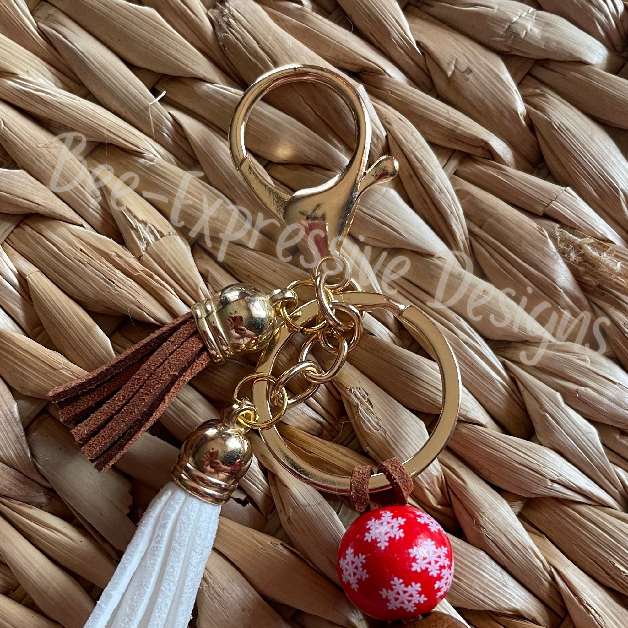Handmade Rudolph Reindeer Christmas Keychain: Suede Tassels & Wood Beads