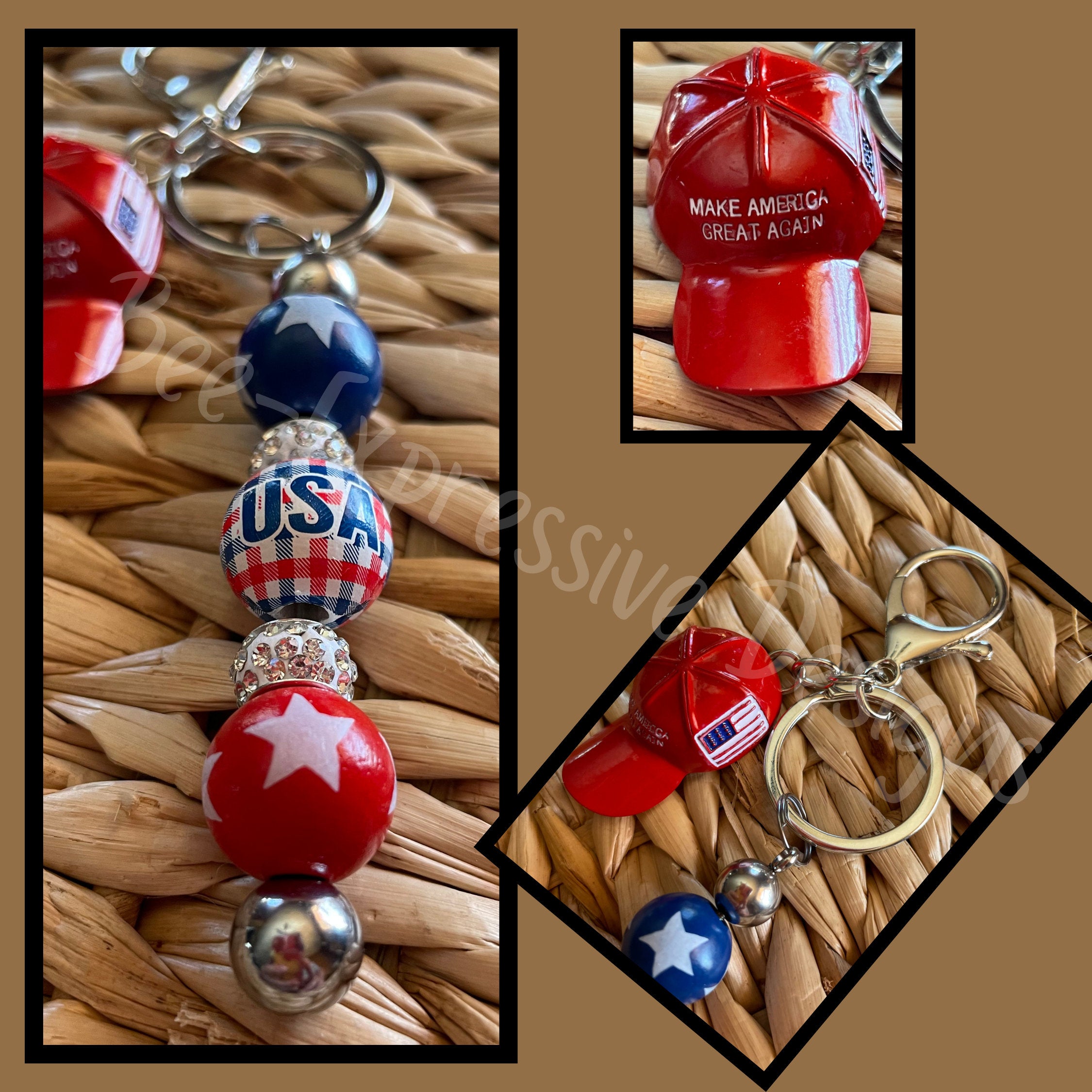 Handmade TRUMP beaded keychain! Metal ball cap, wood beads w/stars, lobster clasp, bead bar, red white blue beads, USA, rhinestone spacers