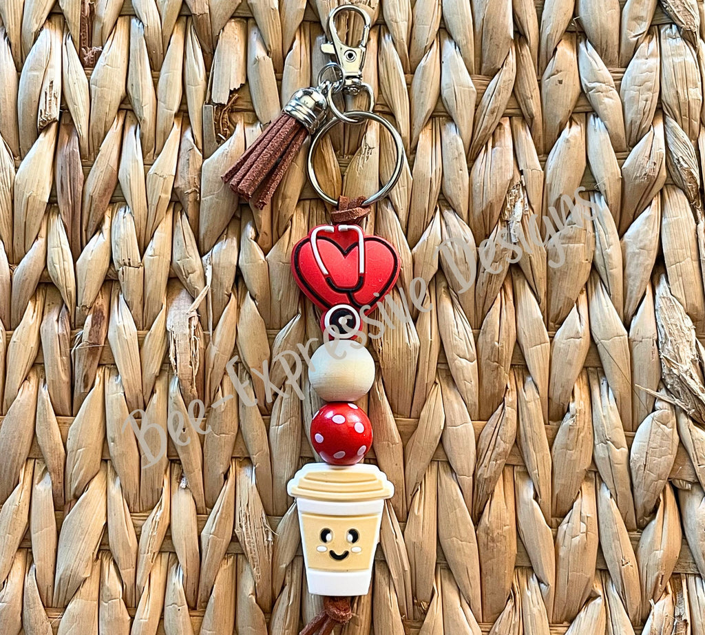 Handmade NURSE, Dr., PHYSICIAN, health care staff, keychain with stethoscope, heart, cup of coffee or expresso cup!