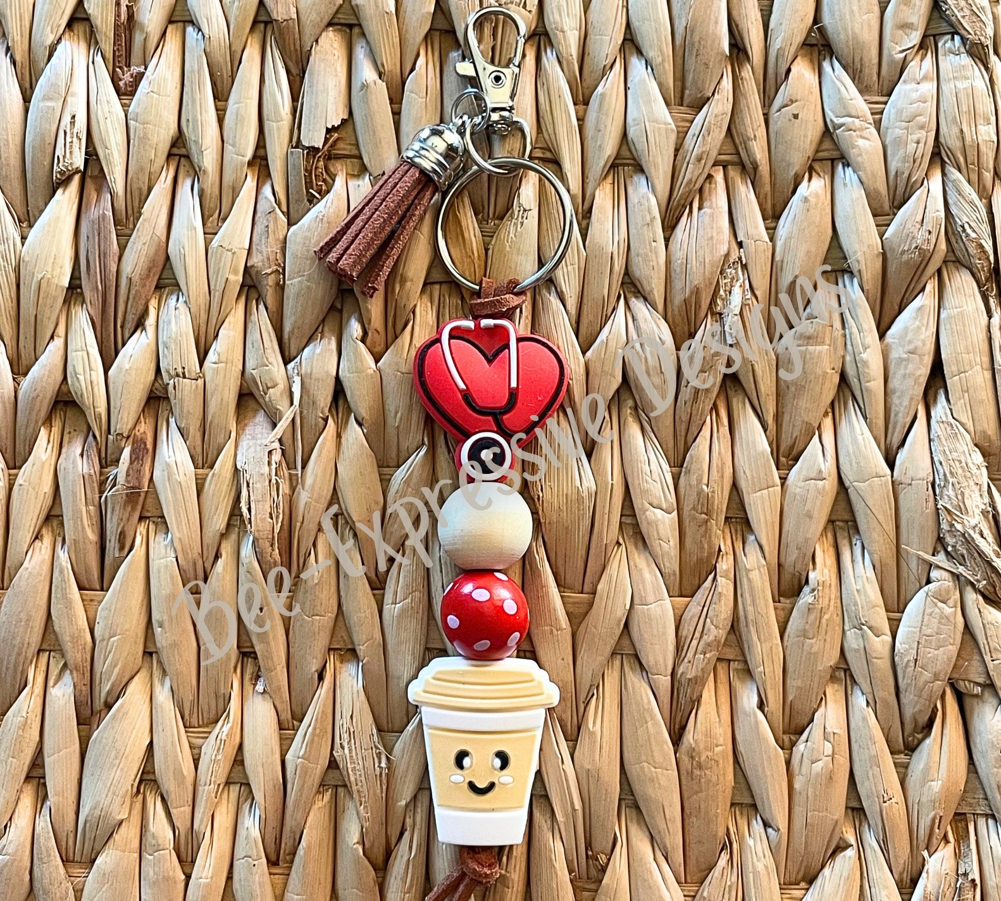 Handmade NURSE, Dr., PHYSICIAN, health care staff, keychain with stethoscope, heart, cup of coffee or expresso cup!