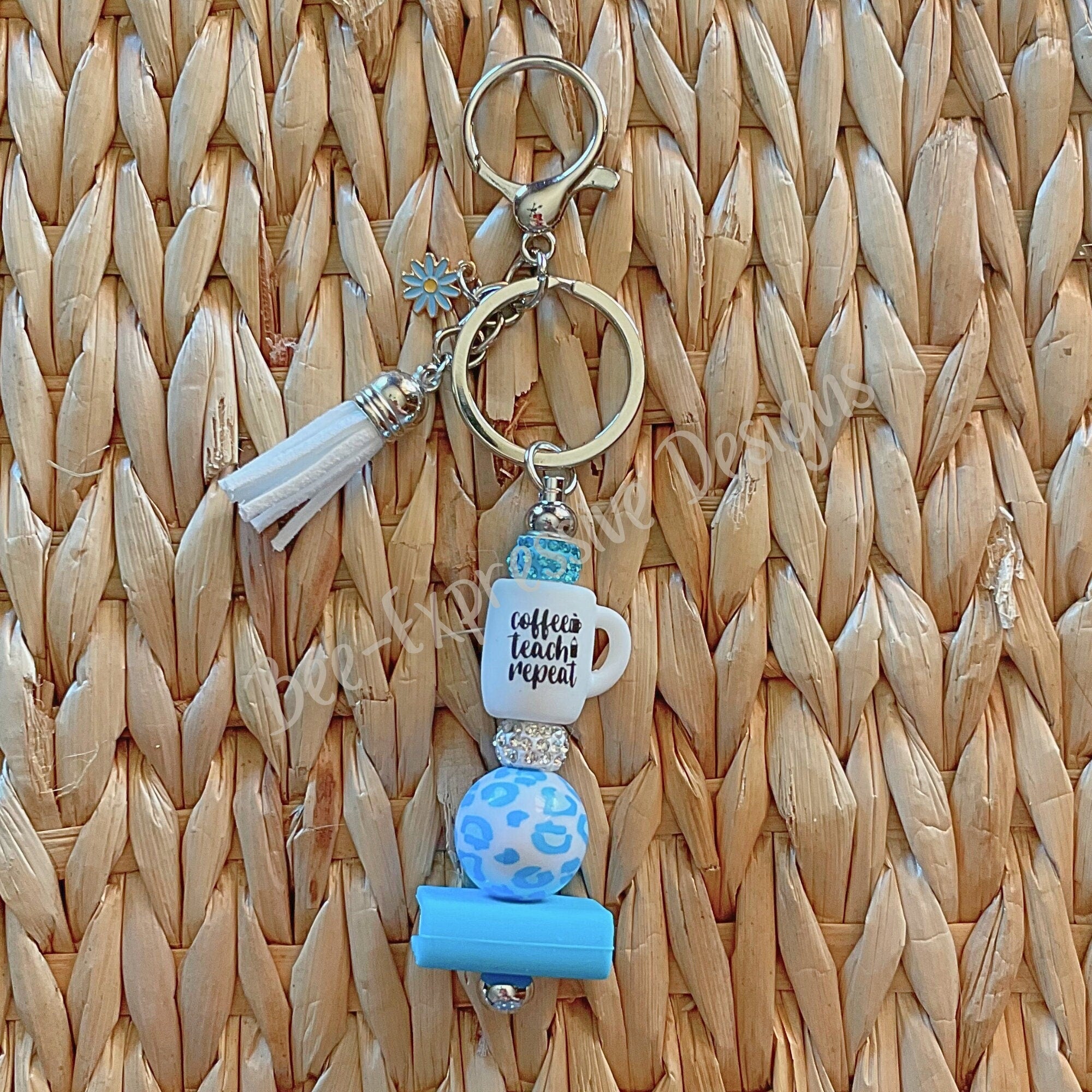 Handmade Teacher Keychain: Coffee Teach Repeat, Daisy Charm