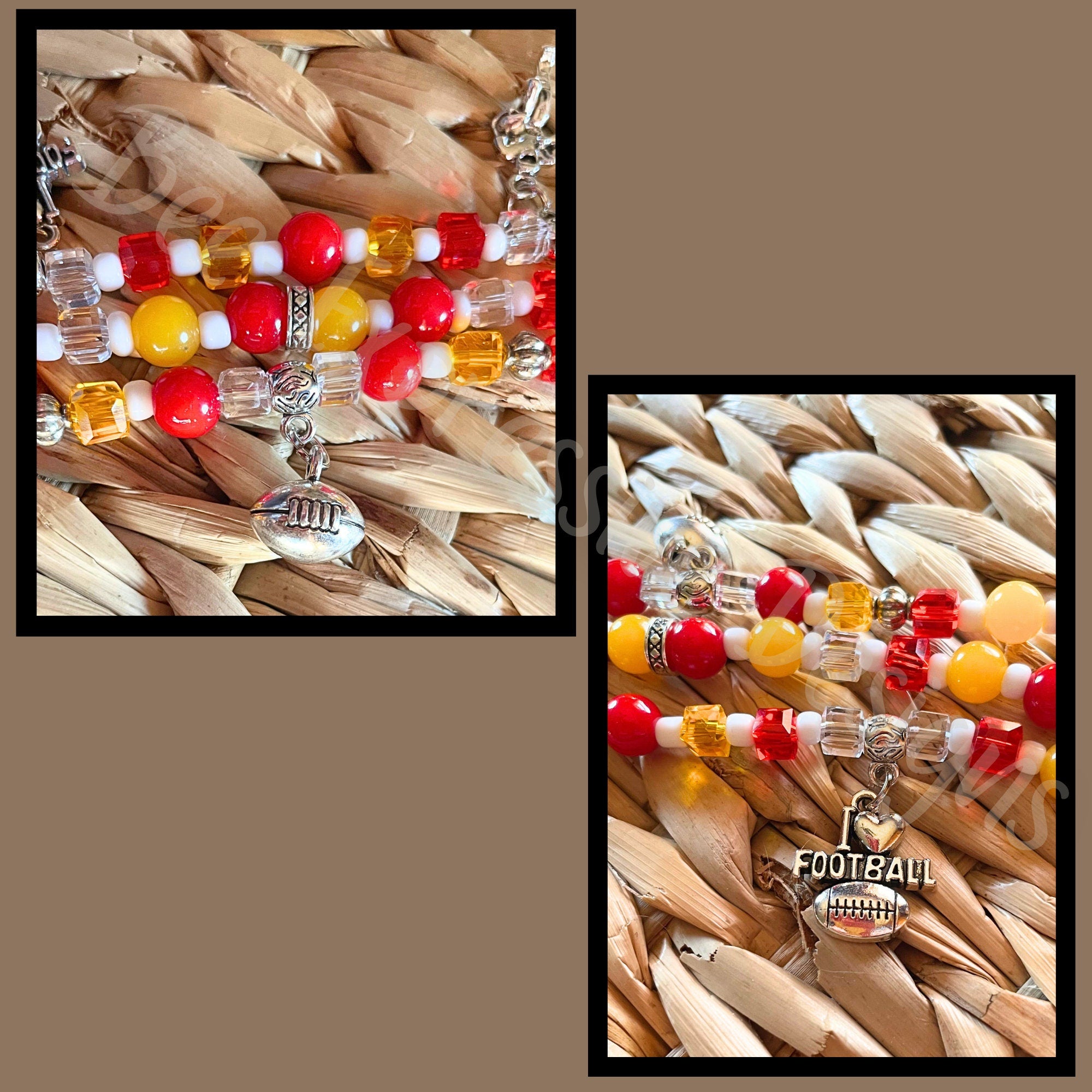 Handmade Beaded Football Apple Watch Band: KC Colors, Three Charms