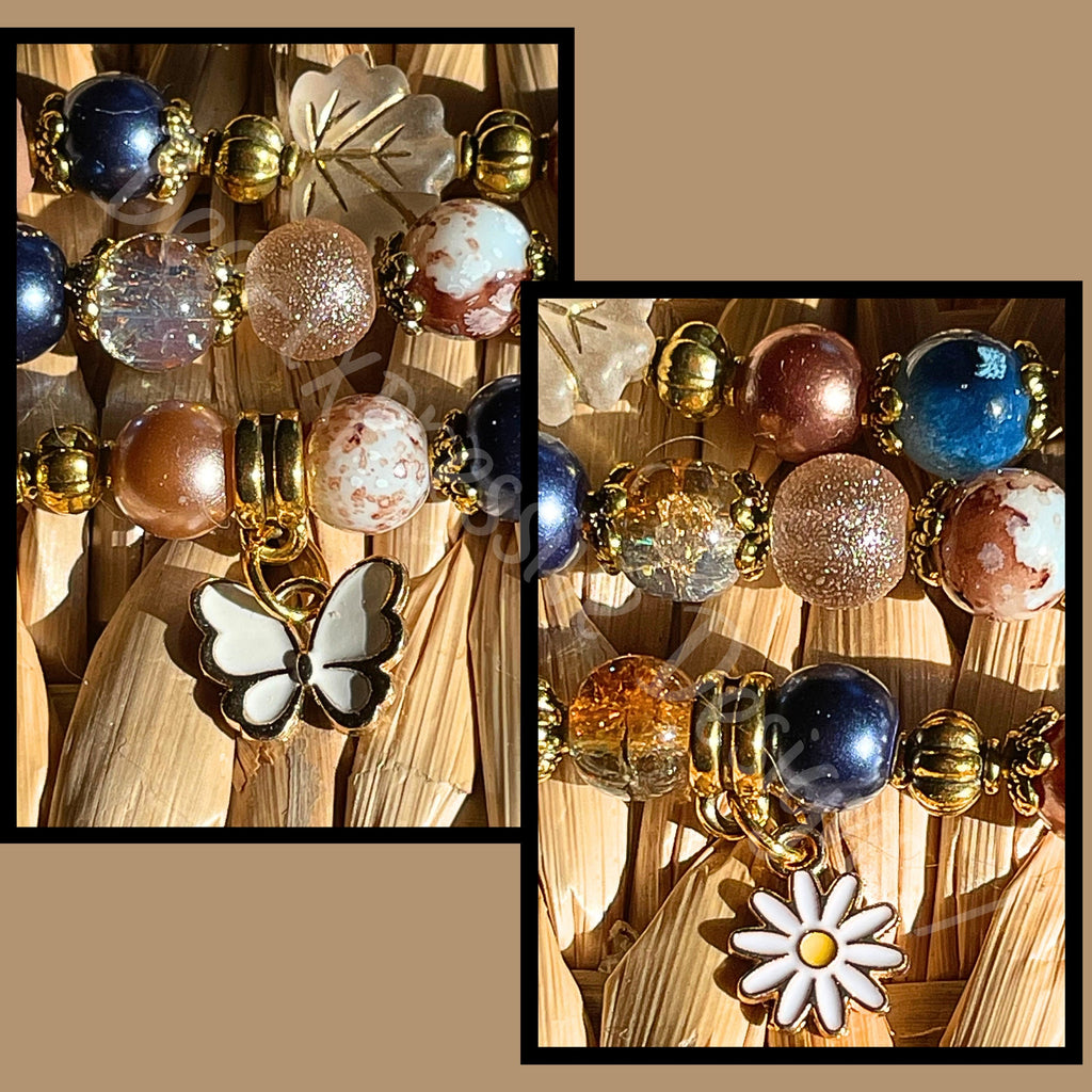 Handmade, custom sized, beaded watch bracelet!  A white butterfly & daisy flower charm, acrylic and glass, gold toned, bail or lobster ends!