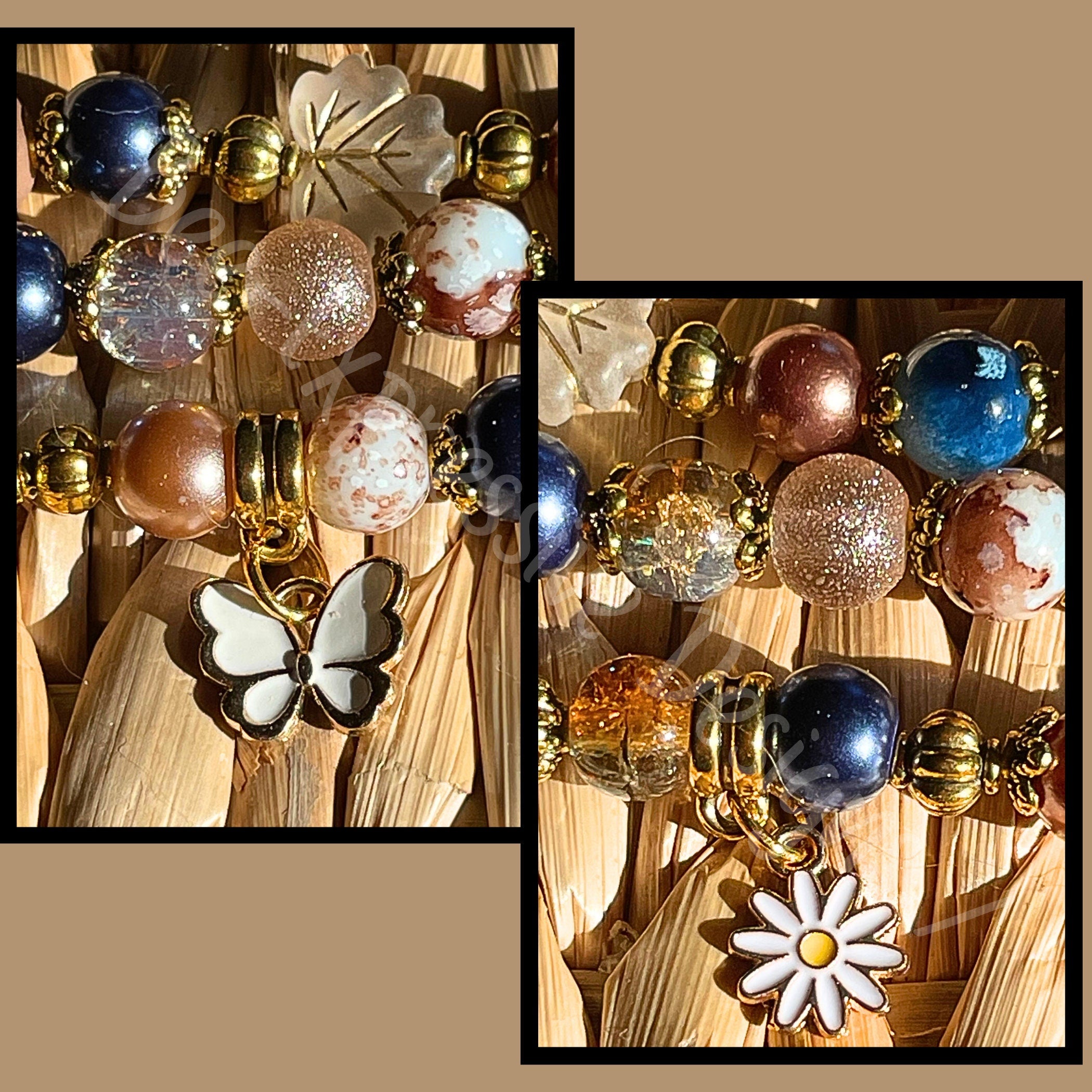 Handmade, custom sized, beaded watch bracelet!  A white butterfly & daisy flower charm, acrylic and glass, gold toned, bail or lobster ends!