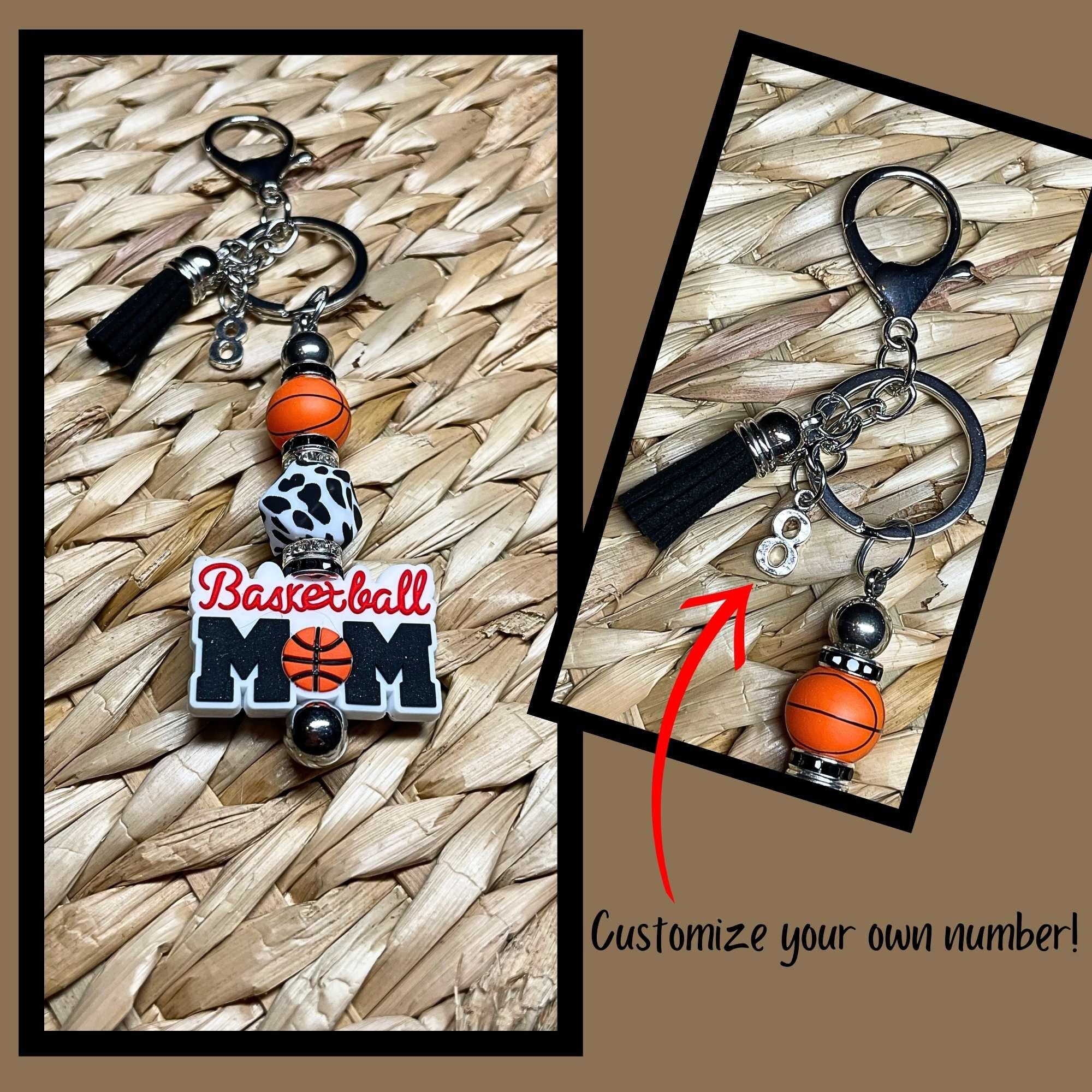 Basketball mom, keychain with customized number! Lobster claw clasp, interchangeable bar, silicone animal print octagon bead, silicone ball