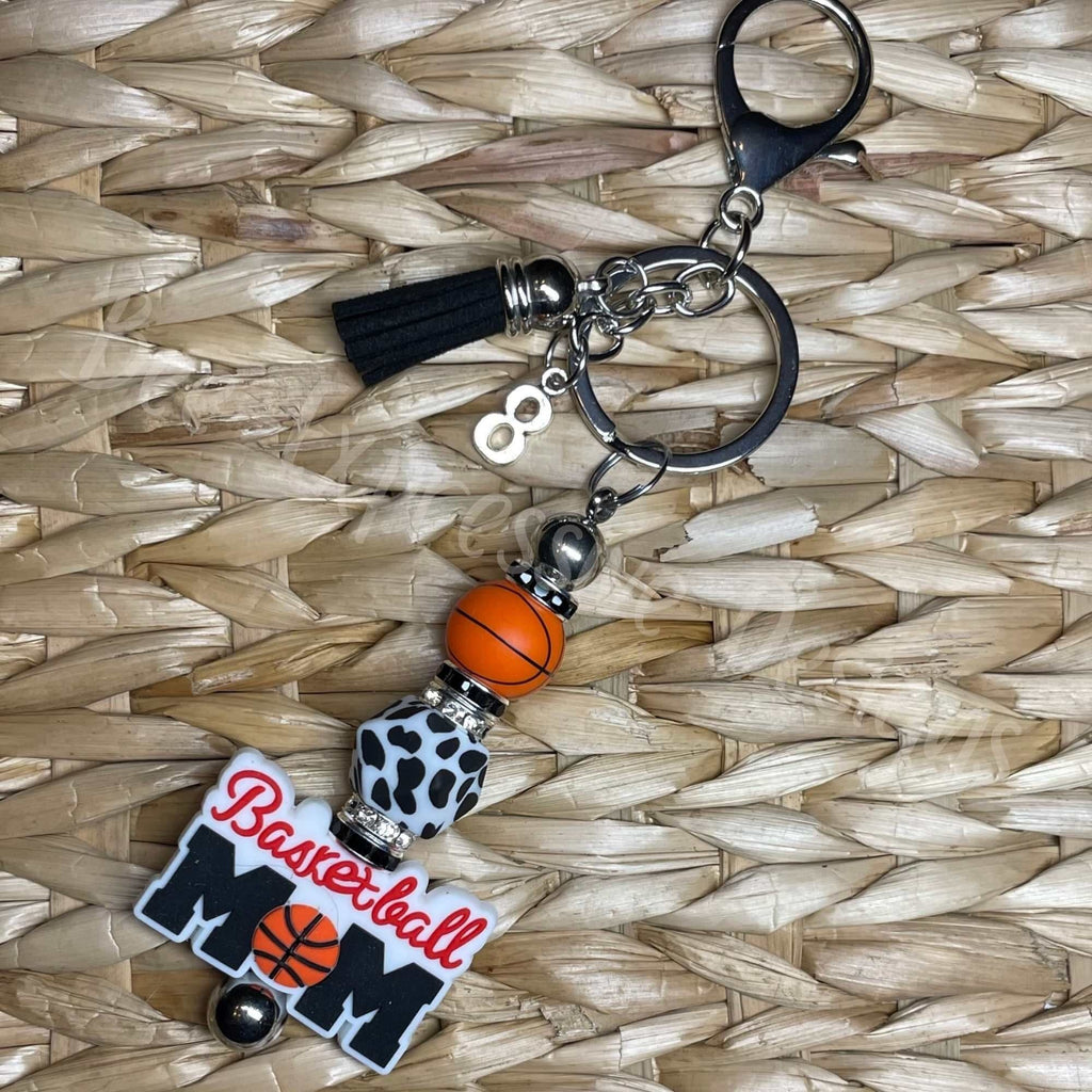 Basketball mom, keychain with customized number! Lobster claw clasp, interchangeable bar, silicone animal print octagon bead, silicone ball