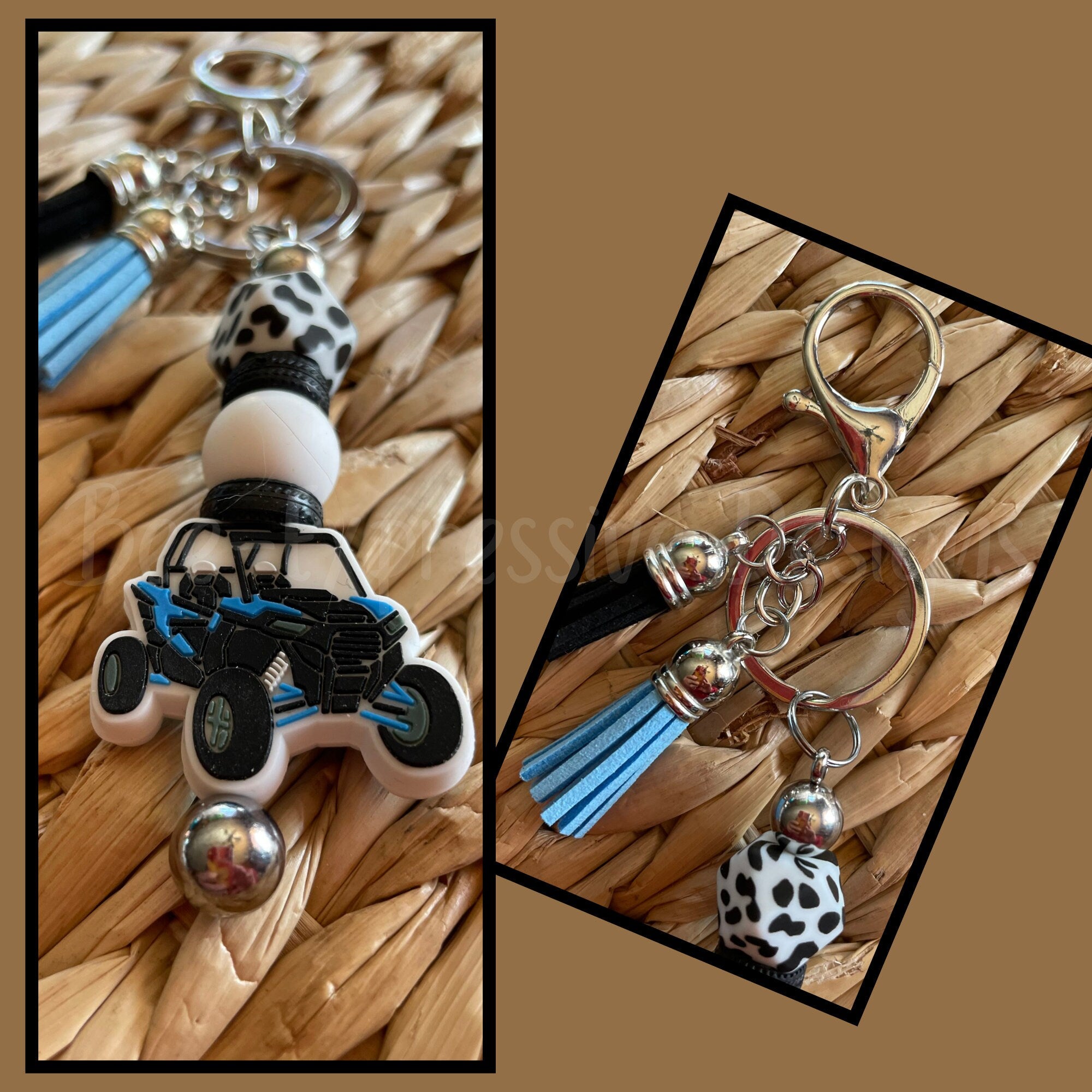 ATV off road, side by side, keychain! Lobster or swivel clasp, silicone bead, octagon animal bead, rubber tire spacers, tassels!