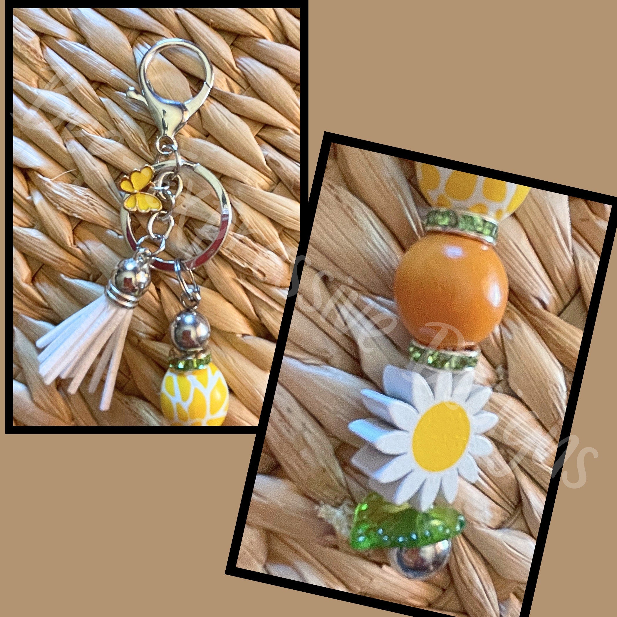 Handmade, wood daisy flower keychain! Interchangeable beaded bar, lobster clasp, tassel, & butterfly charm, acrylic leaf