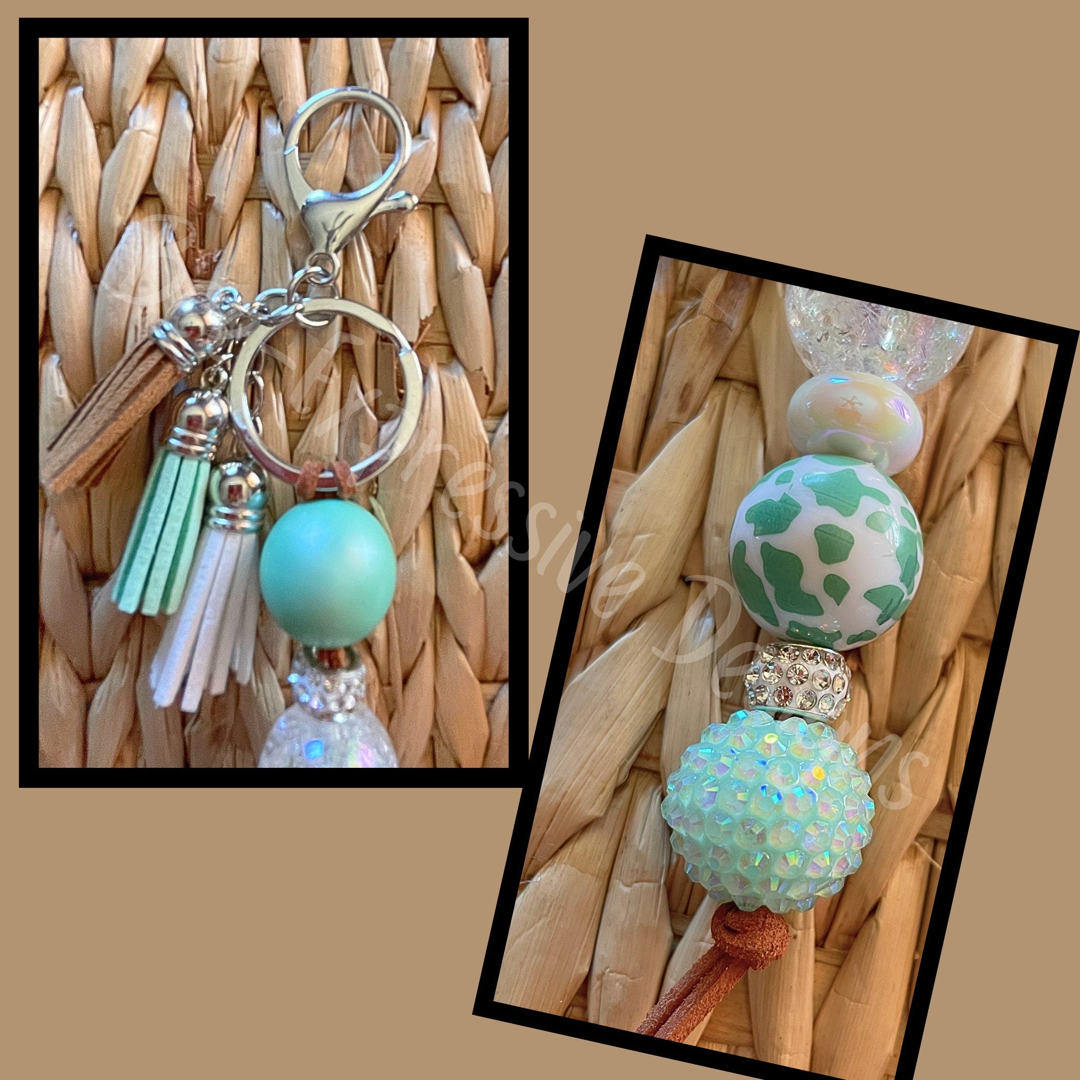 Beautiful, handmade, animal print keychains!  Made with acrylic chunky beads, lobster clasp, rhinestones, three color coordinating tassels!