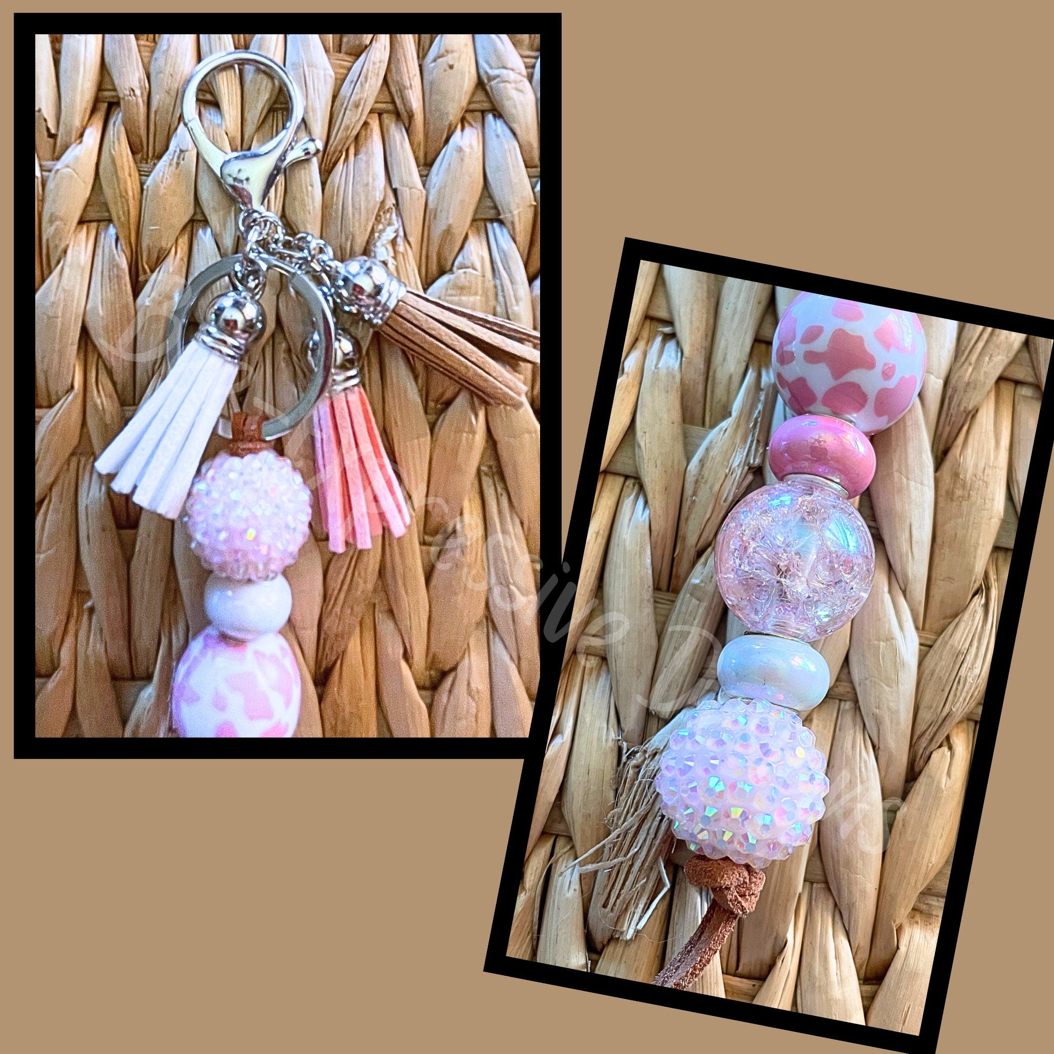 Beautiful, handmade, animal print keychains!  Made with acrylic chunky beads, lobster clasp, rhinestones, three color coordinating tassels!