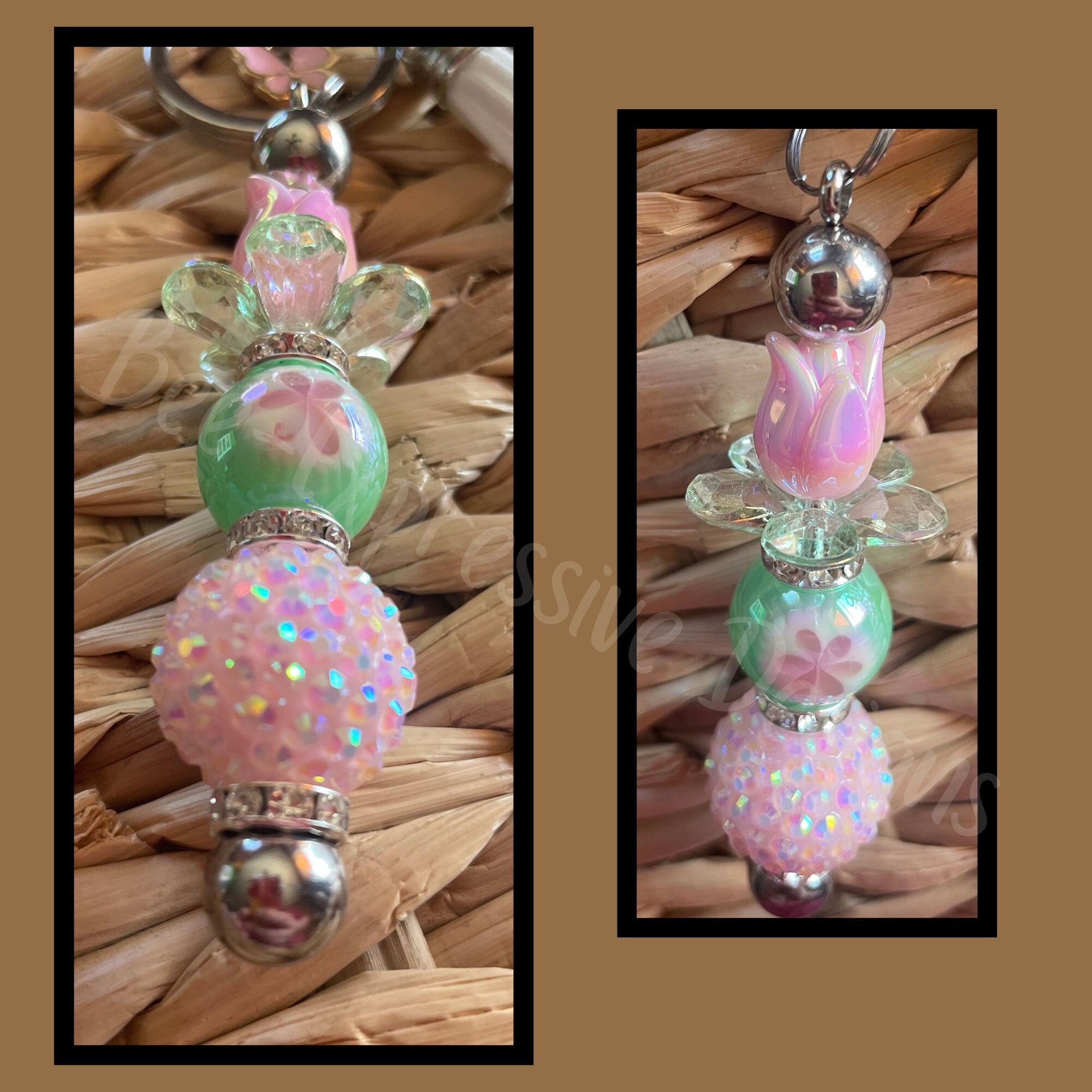 Beautiful, handmade tulip keychain with iridescent beads! Lobster clasp, metal keychain, interchangeable, 20mm bead, butterfly charm!