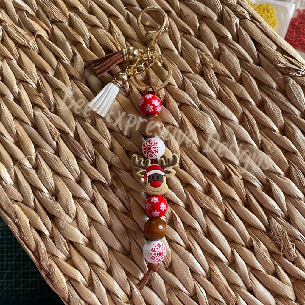 Handmade Rudolph Reindeer Christmas Keychain: Suede Tassels & Wood Beads