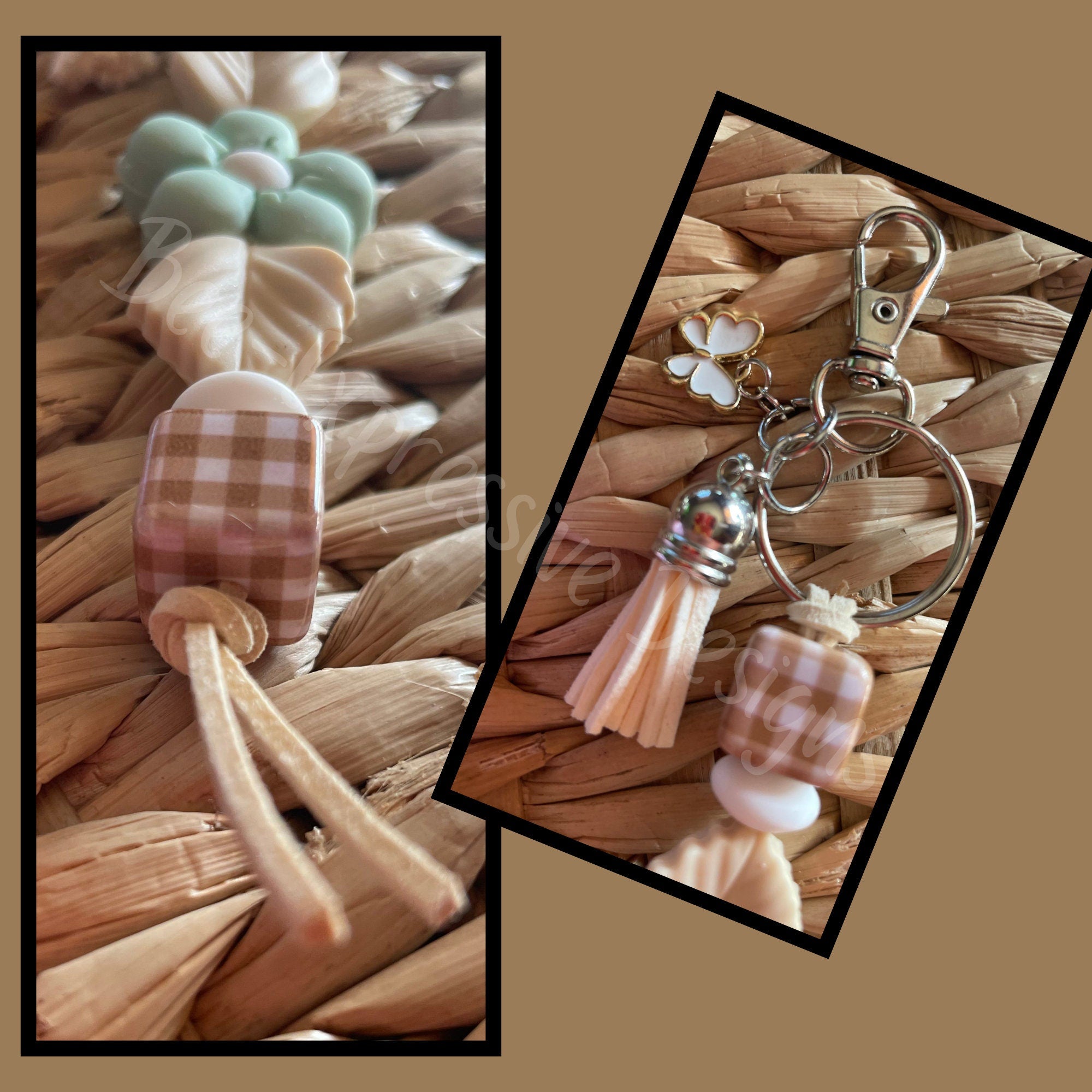 Beautiful handmade DAISY floral keychains!  Made with acrylic beads and silicone flowers & leaves! Butterfly charm and tassels!