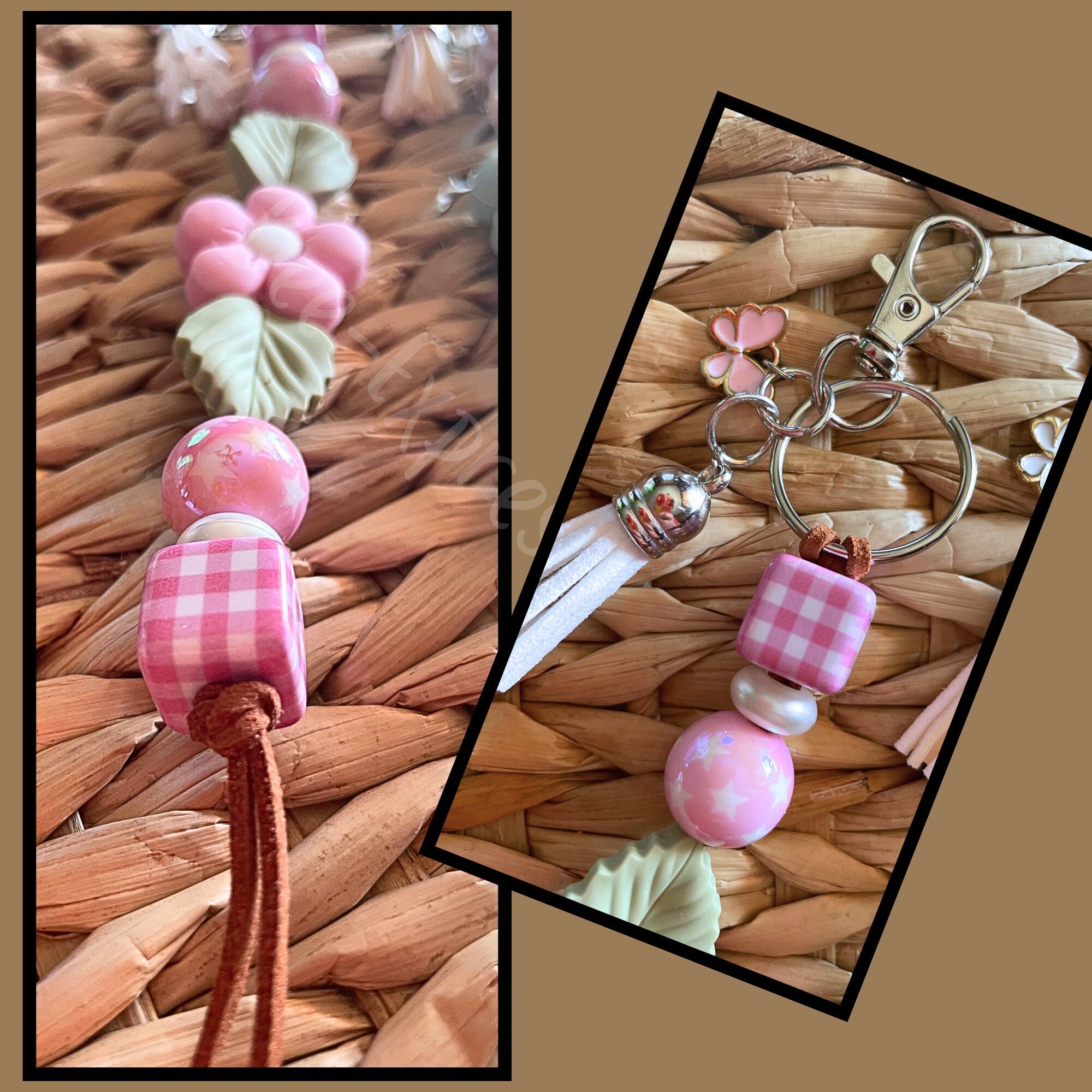 Beautiful handmade DAISY floral keychains!  Made with acrylic beads and silicone flowers & leaves! Butterfly charm and tassels!