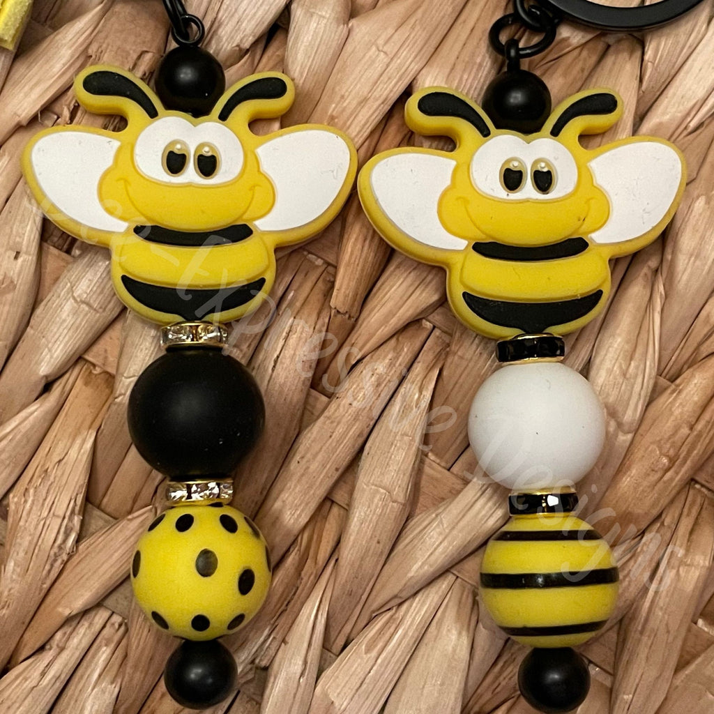 Beaded, handmade, BUMBLEBEE keychain! Black lobster clasp and keyring, rhinestone beads, silicone beads, bee focal bead, yellow suede tassel