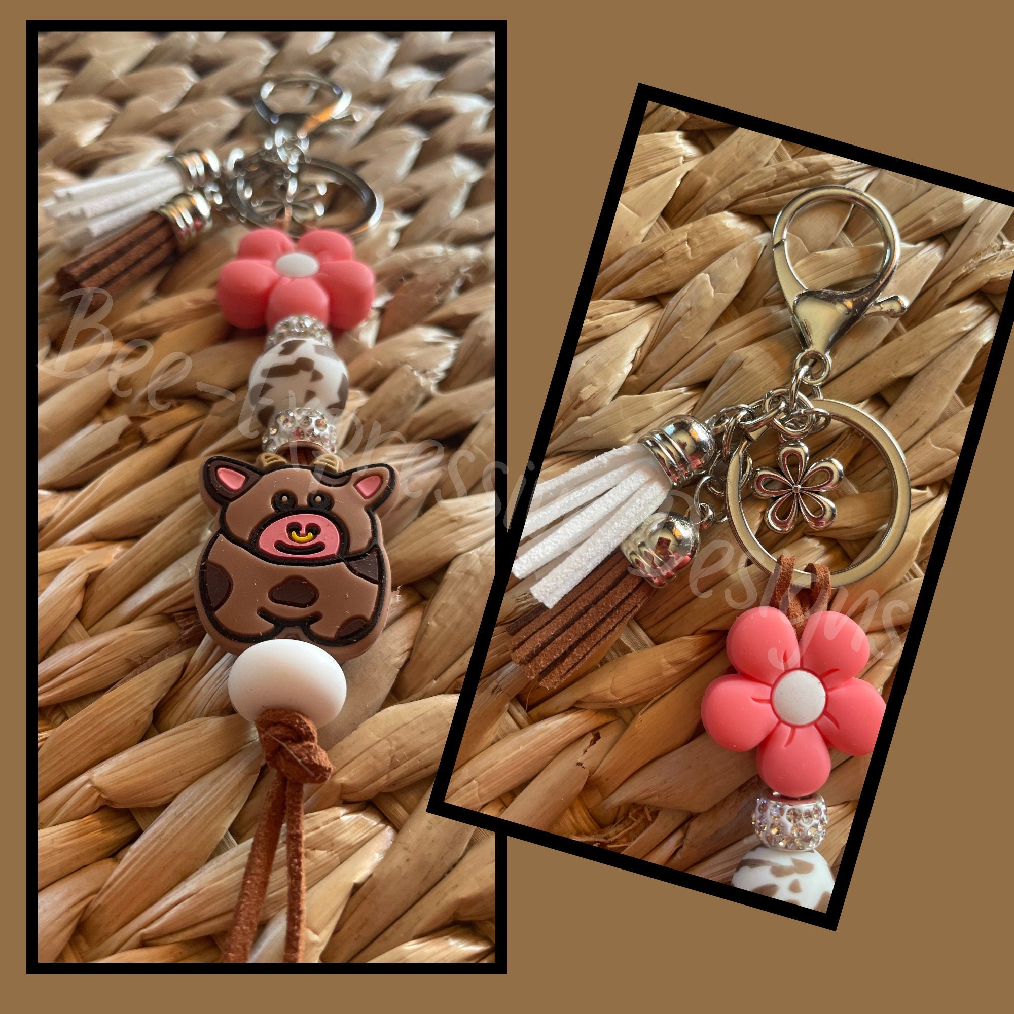 Adorable, handmade cow/bull keychain! Lobster claw clasp, keyring, cord, rhinestones, flower, brown cow print bead, tassels, flower charm