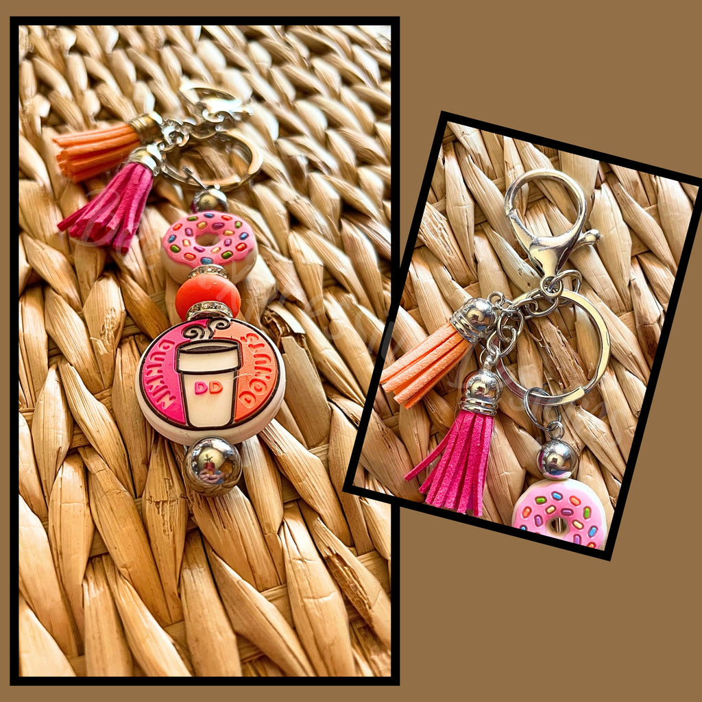 Handmade, donut inspired keychain! Choose a lobster or swivel clasp! A metal bar, silicone donut & DD bead, rhinestone spacers, tassels