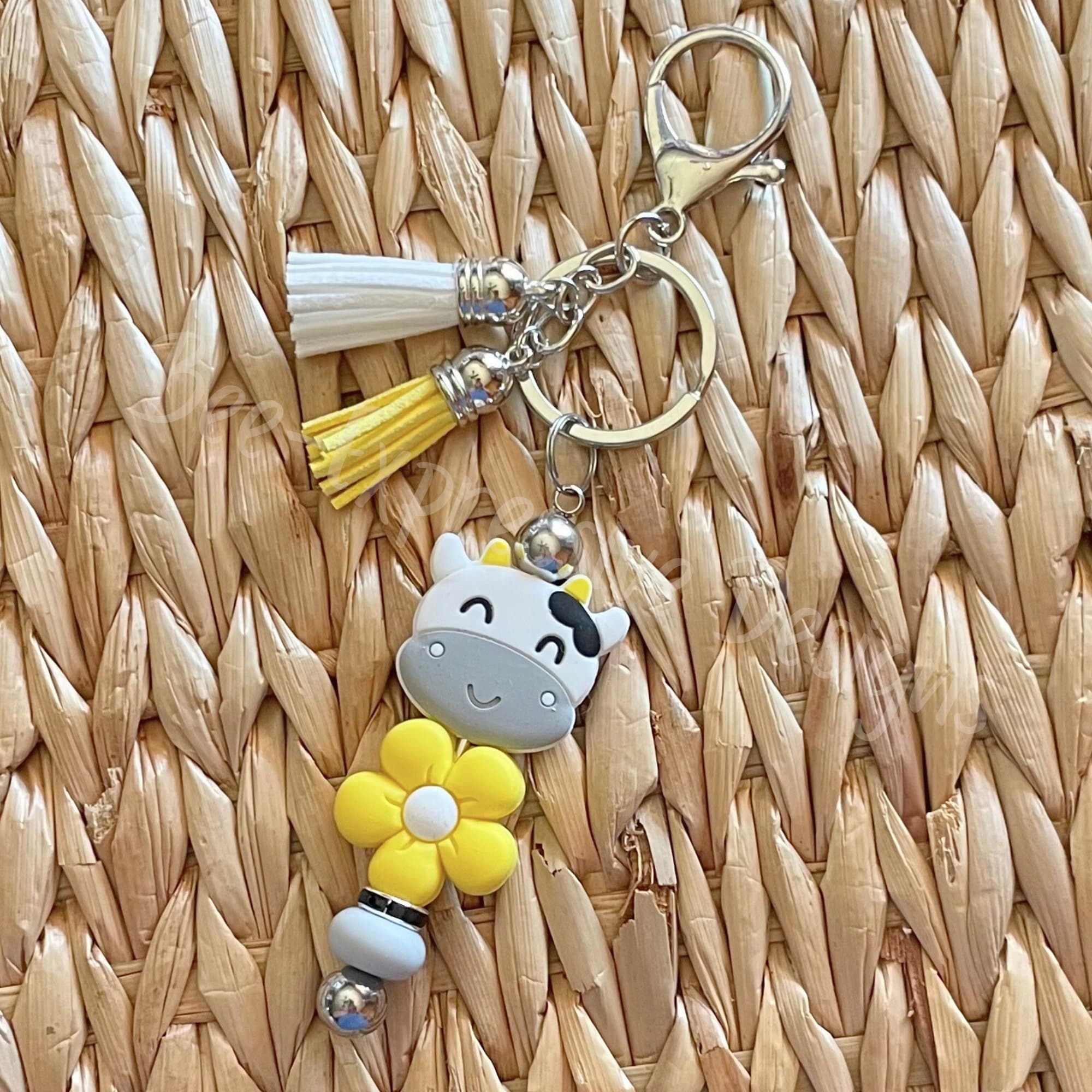 Handmade Cow & Daisy Beaded Keychain: Silver Lobster Clasp with Tassels