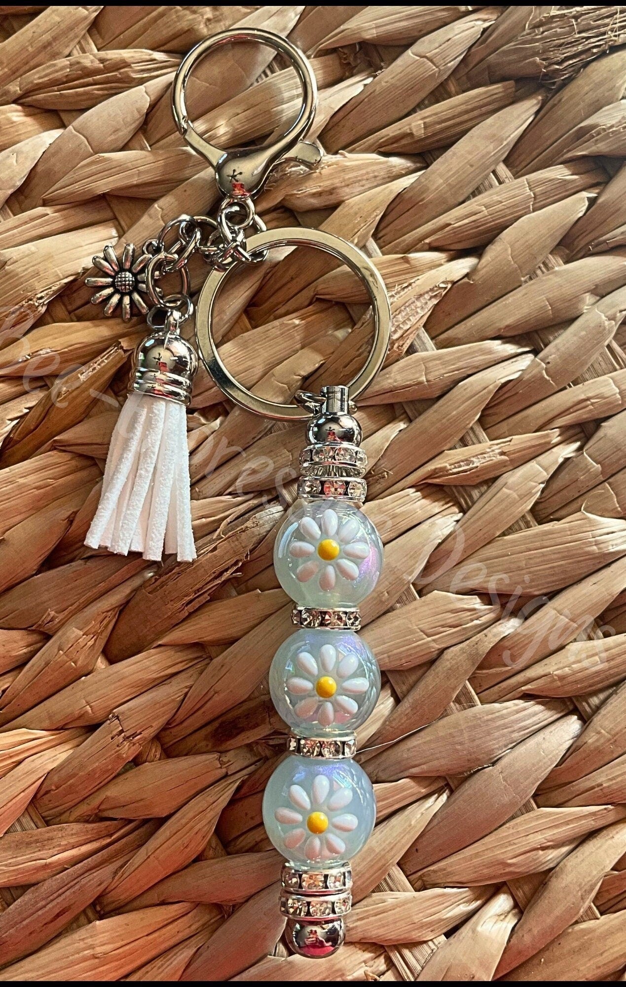 Beautiful, handmade keychain with iridescent beads! Lobster clasp, metal keychain, interchangeable, daisy acrylic beads, metal flower charm!
