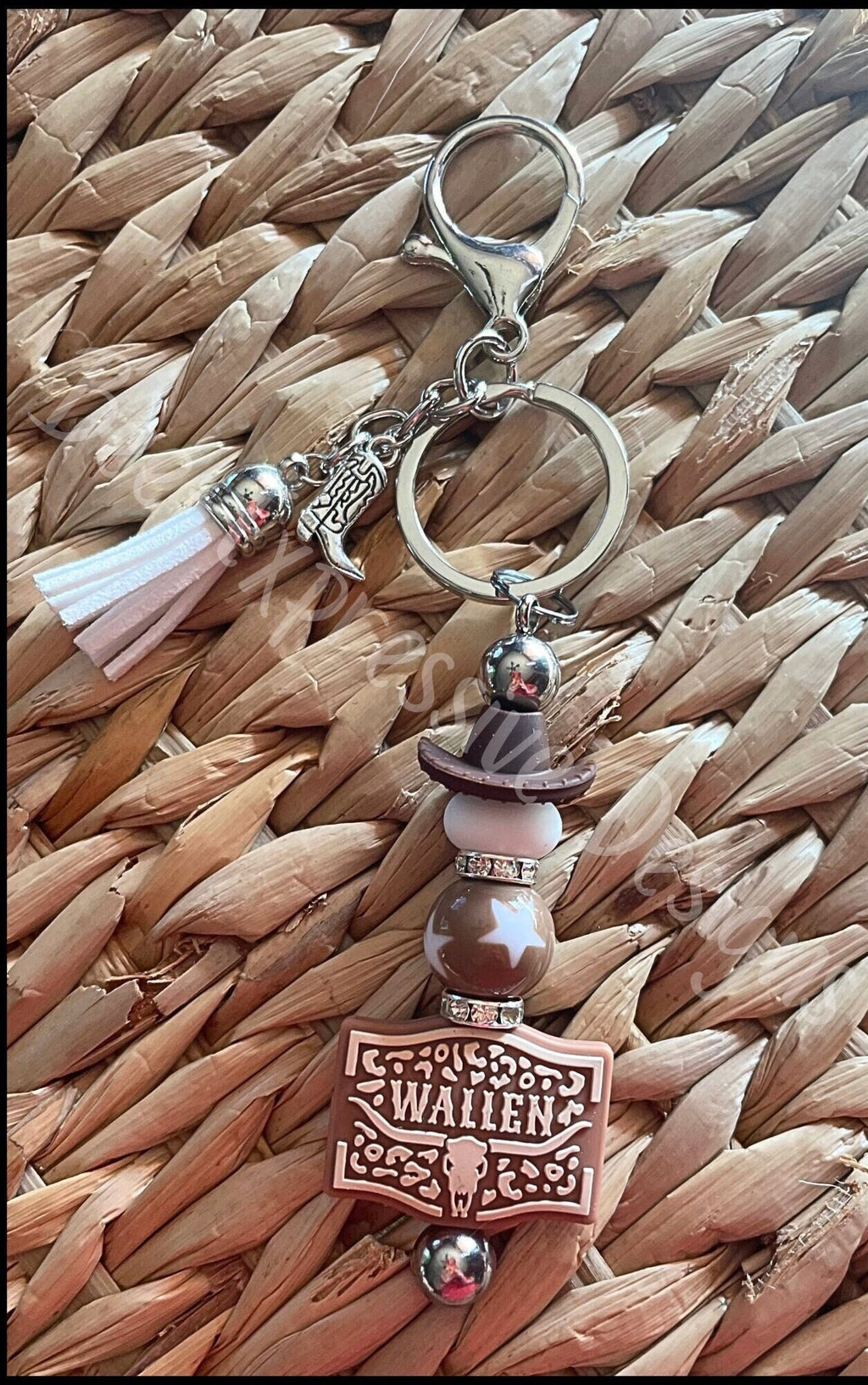 Beaded, WALLEN keychain! Lobster or swivel clasp, beaded bar, brown cowboy or cowgirl hat, acrylic star bead, metal boot charm!
