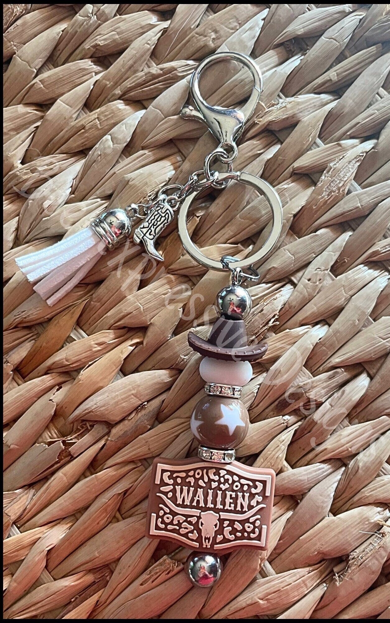 Beaded, WALLEN keychain! Lobster or swivel clasp, beaded bar, brown cowboy or cowgirl hat, acrylic star bead, metal boot charm!