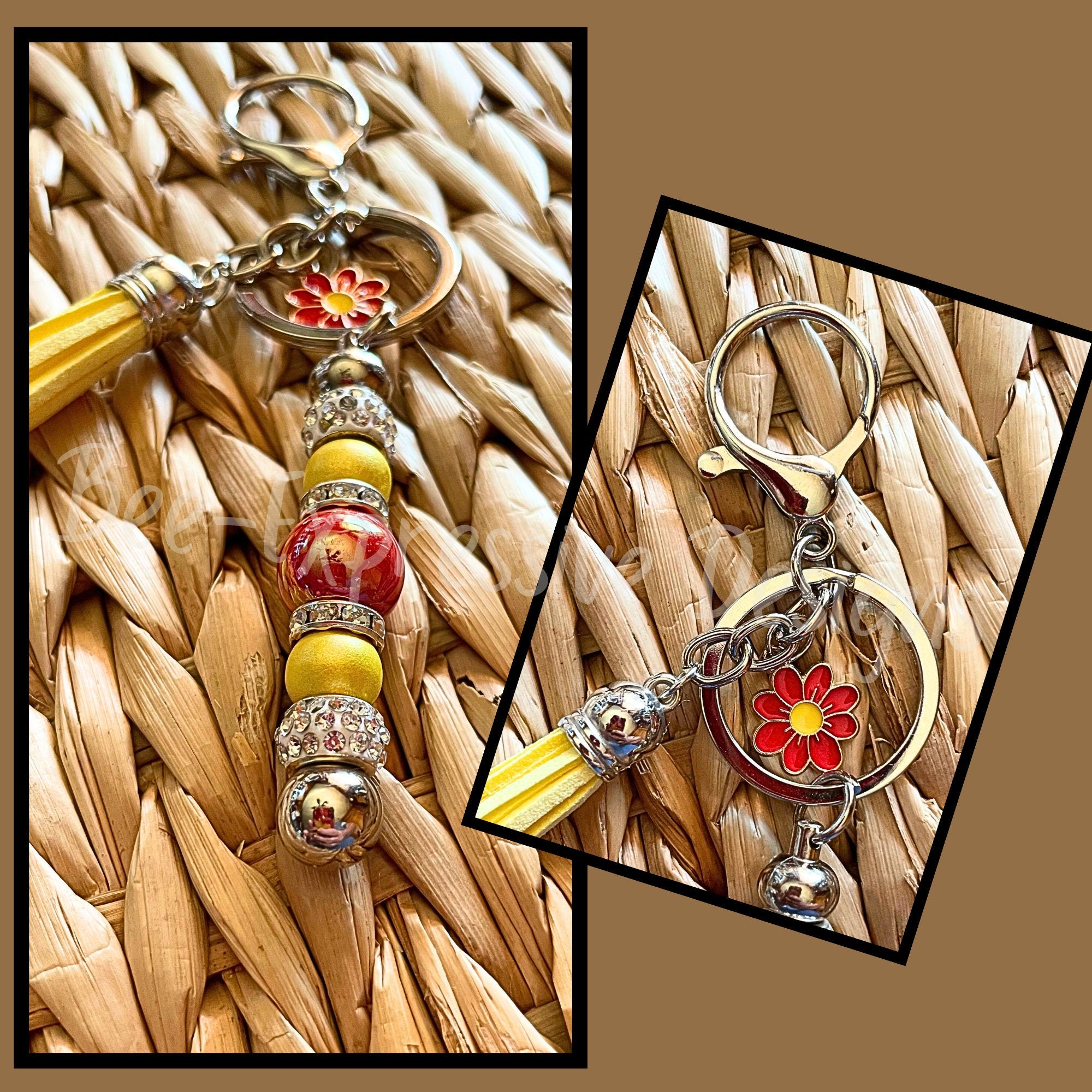 Beautiful, handmade keychain with iridescent beads and a red daisy charm!