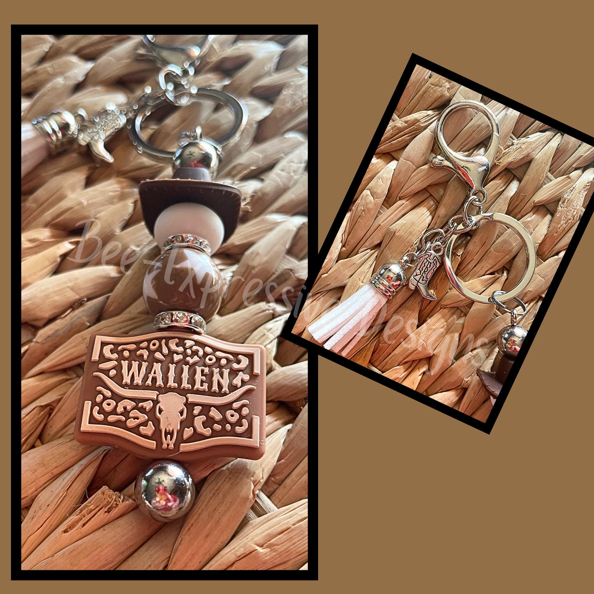 Beaded, WALLEN keychain! Lobster or swivel clasp, beaded bar, brown cowboy or cowgirl hat, acrylic star bead, metal boot charm!
