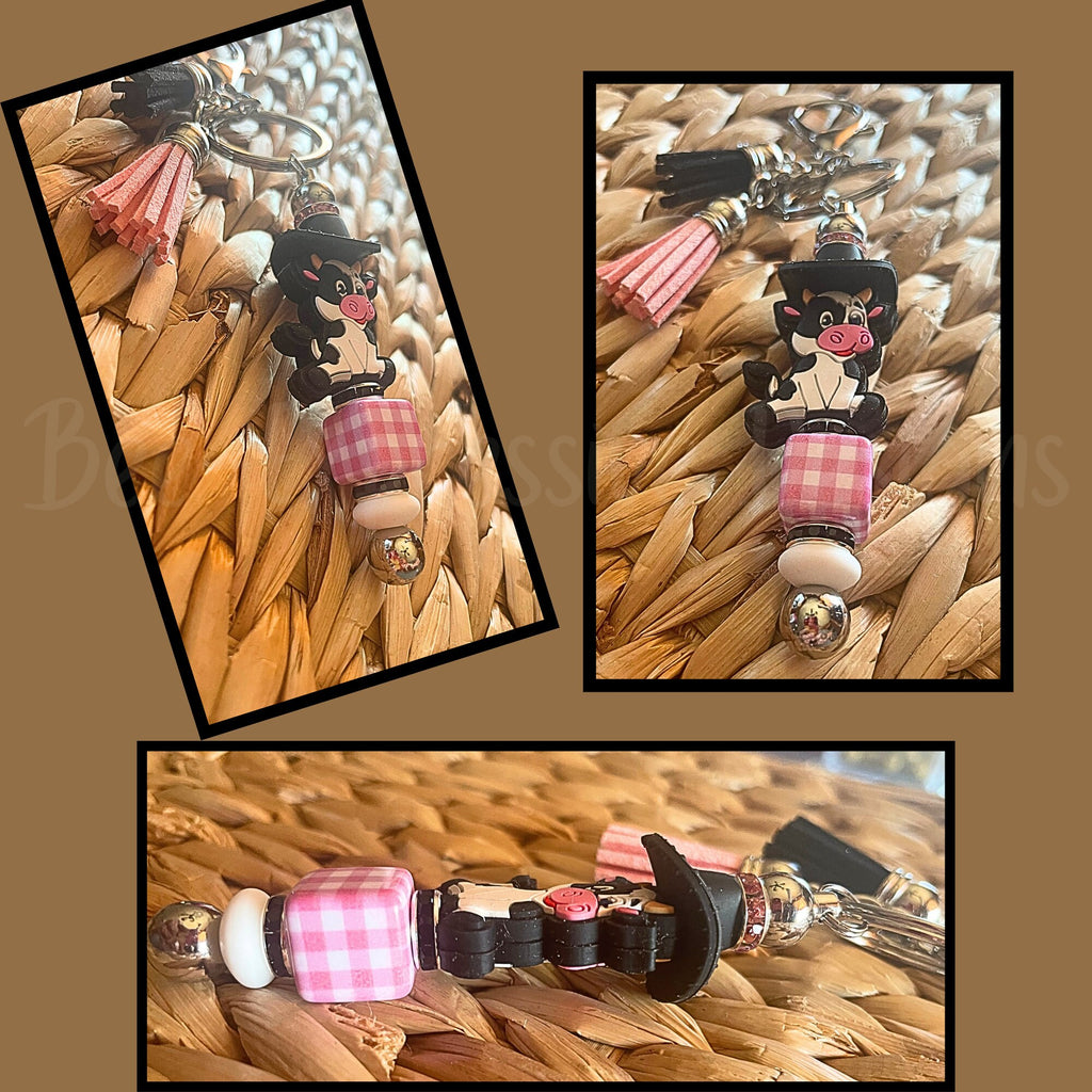 Beaded, silicone COW with cowboy hat, keychain! Lobster or swivel clasp, black silicone cowboy hat, square acrylic gingham bead, spacers!