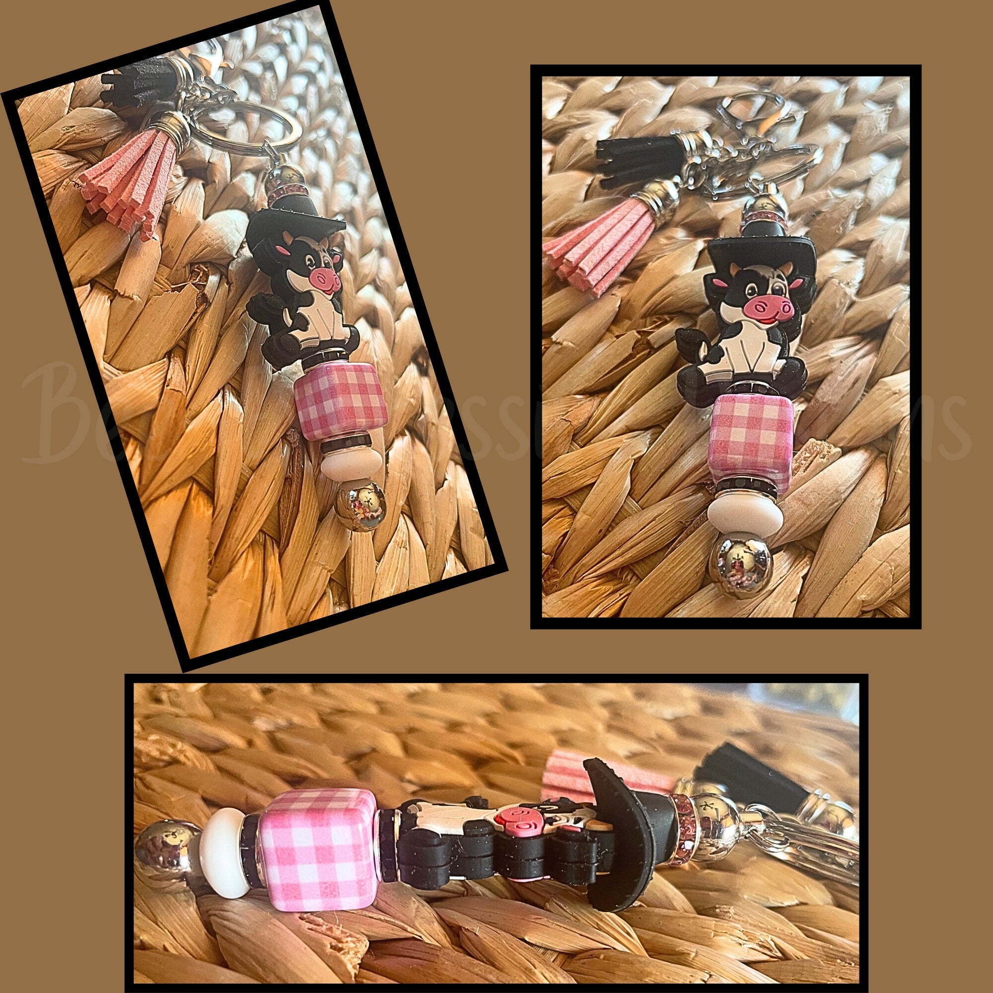 Beaded, silicone COW with cowboy hat, keychain! Lobster or swivel clasp, black silicone cowboy hat, square acrylic gingham bead, spacers!