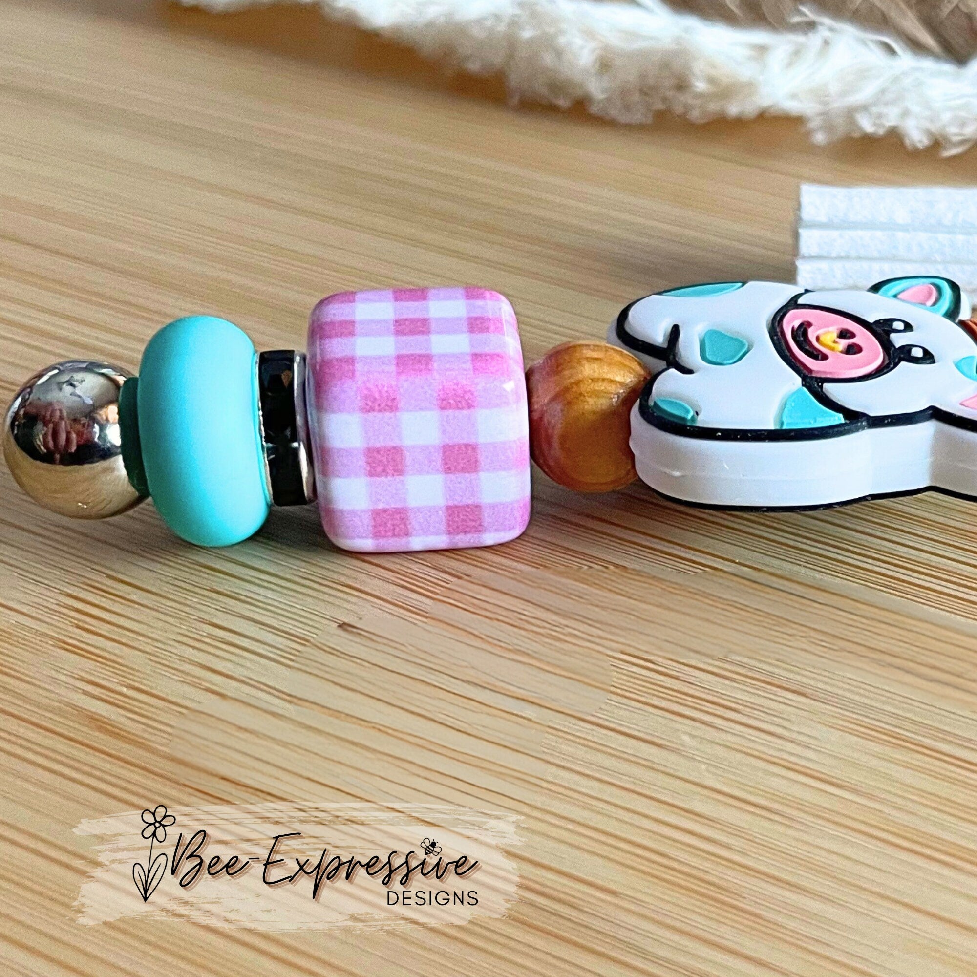 COW, BULL, beaded keychain! Lobster or swivel clasp, wood beads, gingham square bead, beaded tassel with pink heart charm!