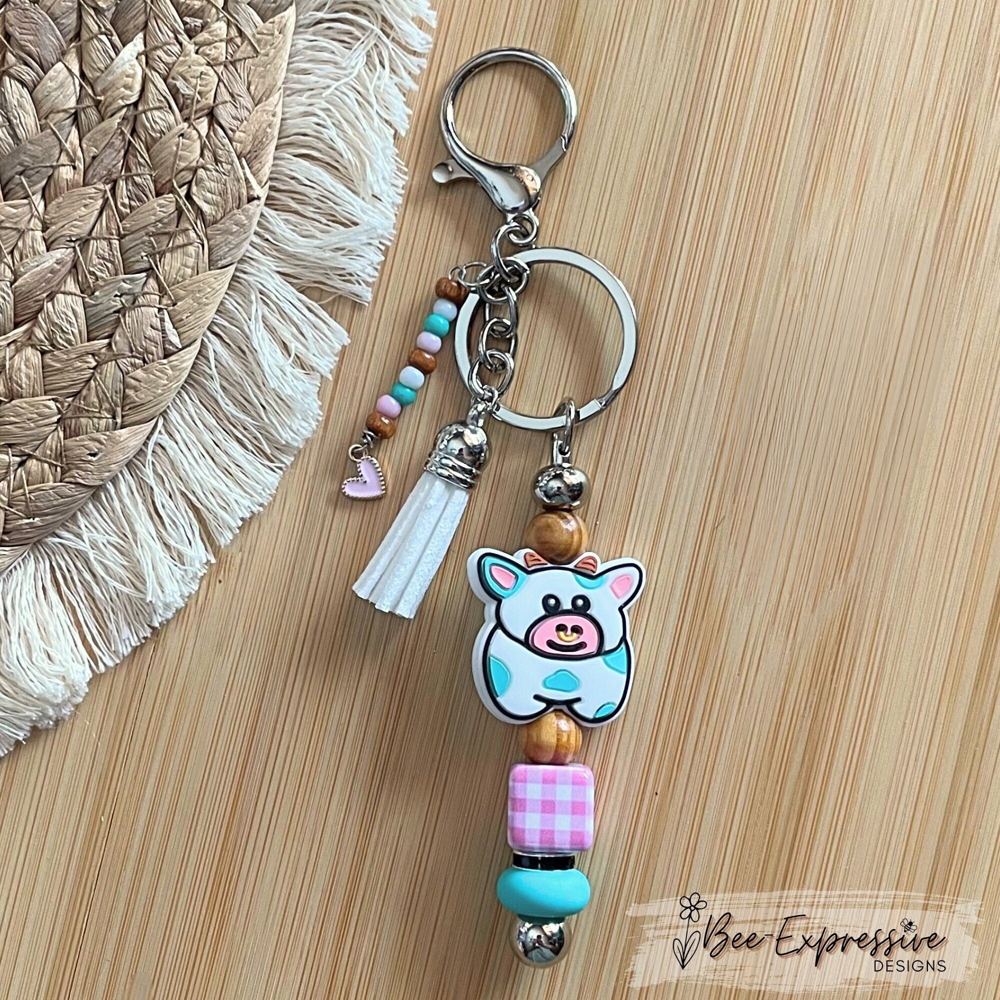 Cow Keychain with Beaded Tassel, Gingham Charm