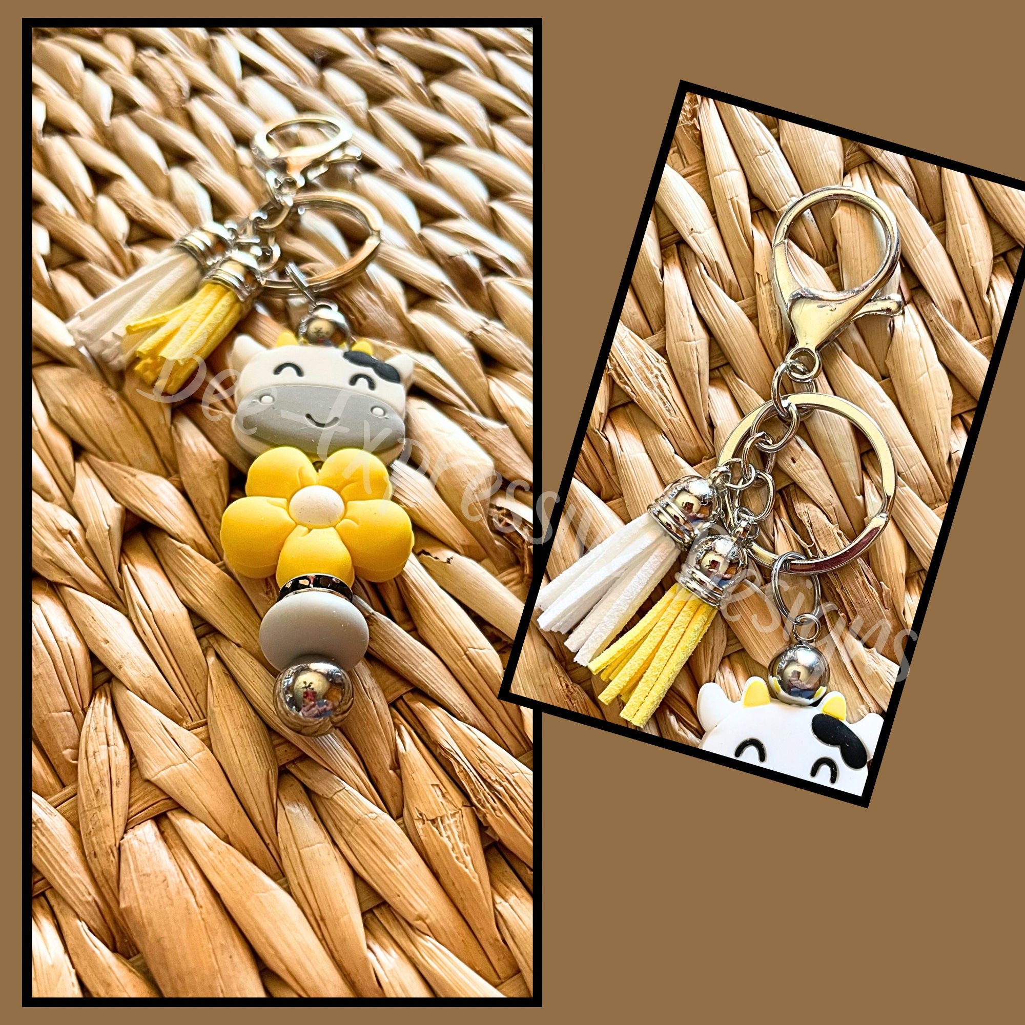 Handmade, fun yellow daisy and cow focal beaded keychain! Silver, lobster claw clasp, interchangeable, rhinestone bead, lentil bead, tassels