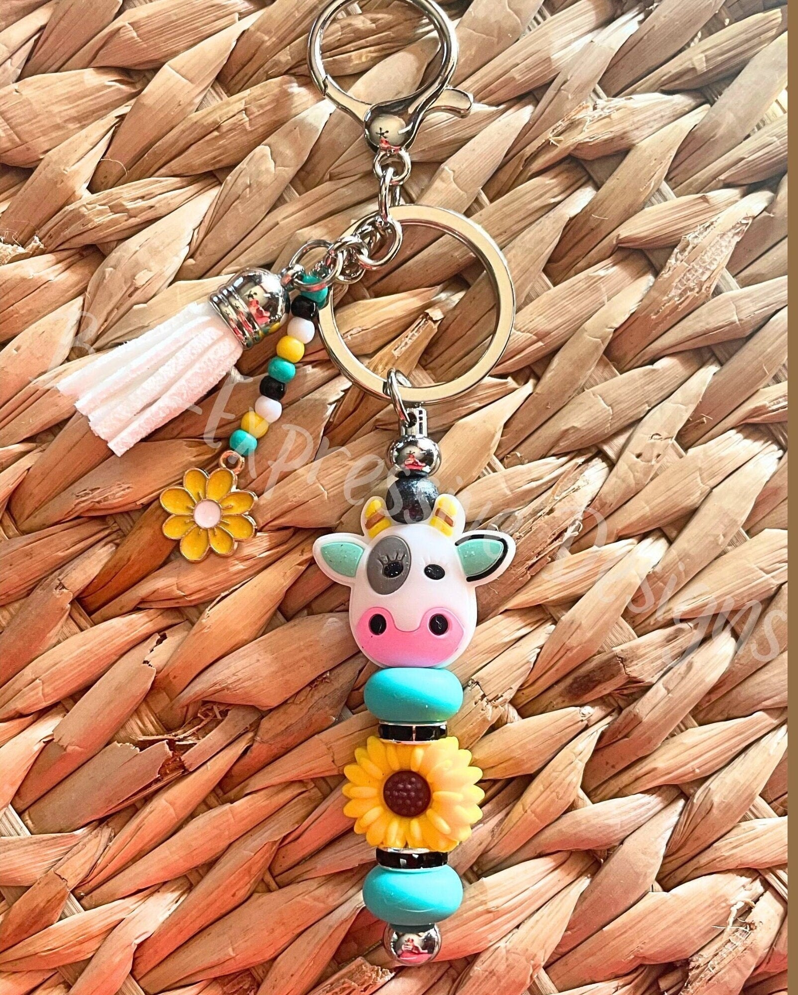 Handmade Sunflower Cow Beaded Keychain: Interchangeable Charm with Tassel