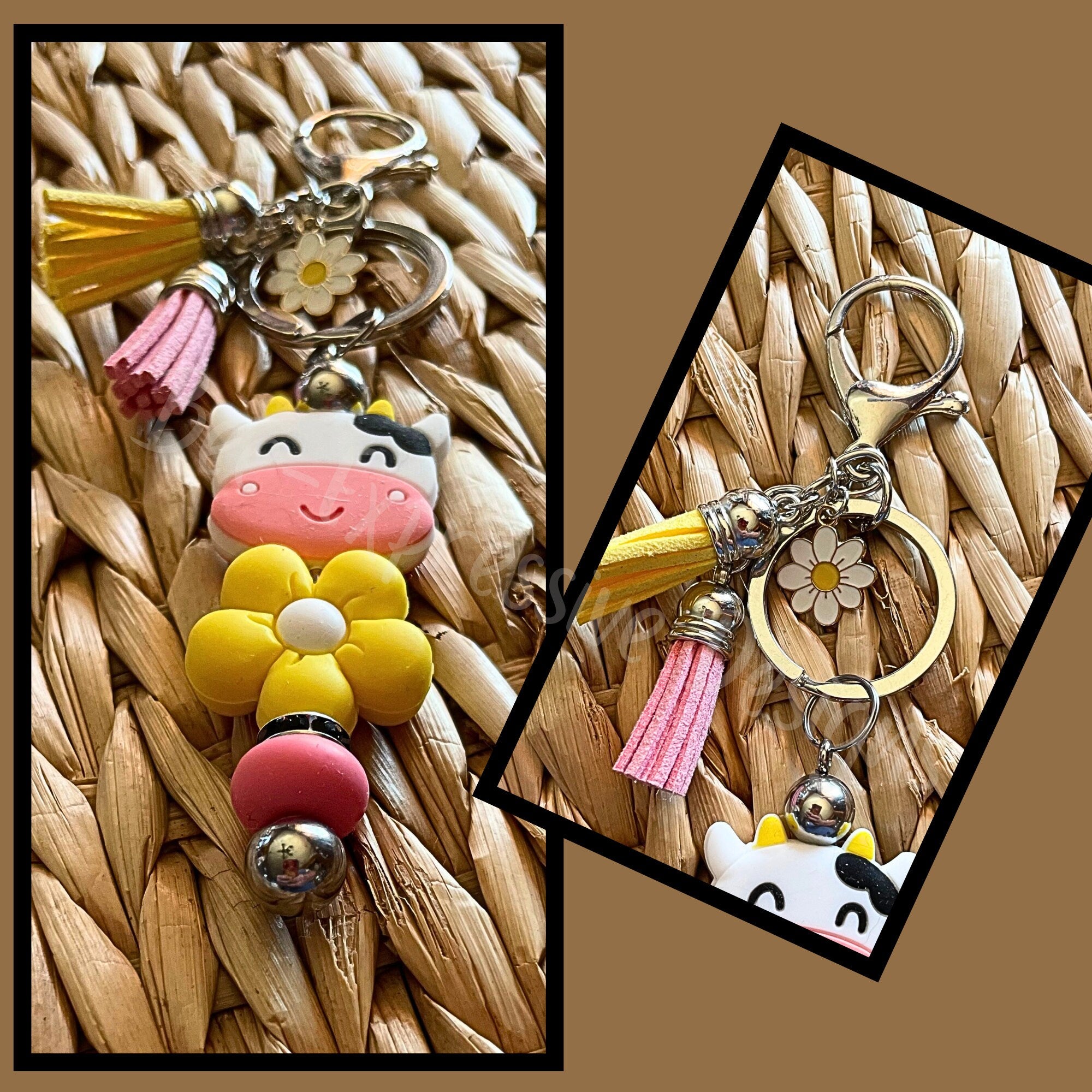 Handmade, fun yellow daisy and cow focal beaded keychain! Silver, lobster claw clasp, interchangeable, rhinestone bead, daisy charm, tassels