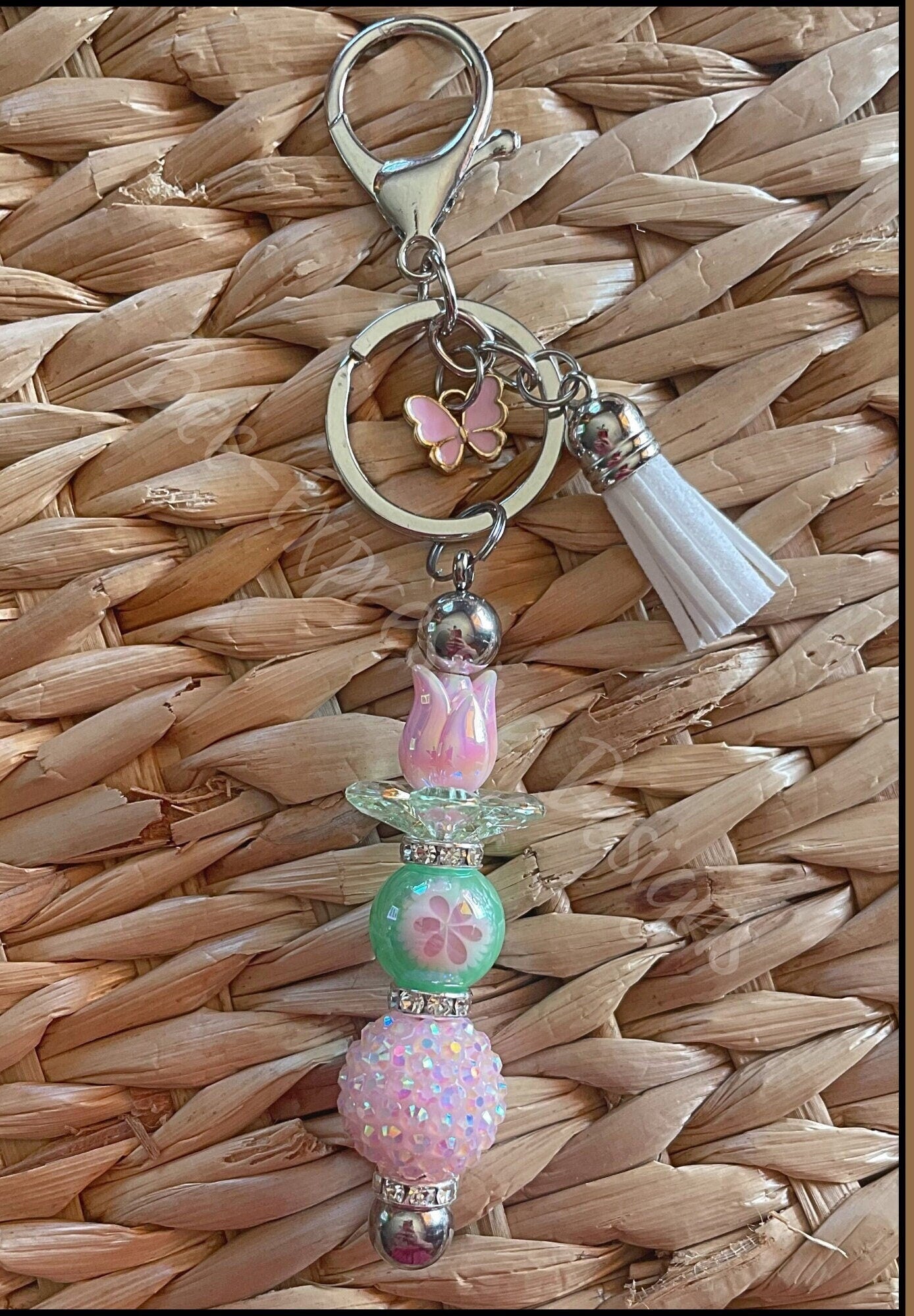 Beautiful, handmade tulip keychain with iridescent beads! Lobster clasp, metal keychain, interchangeable, 20mm bead, butterfly charm!