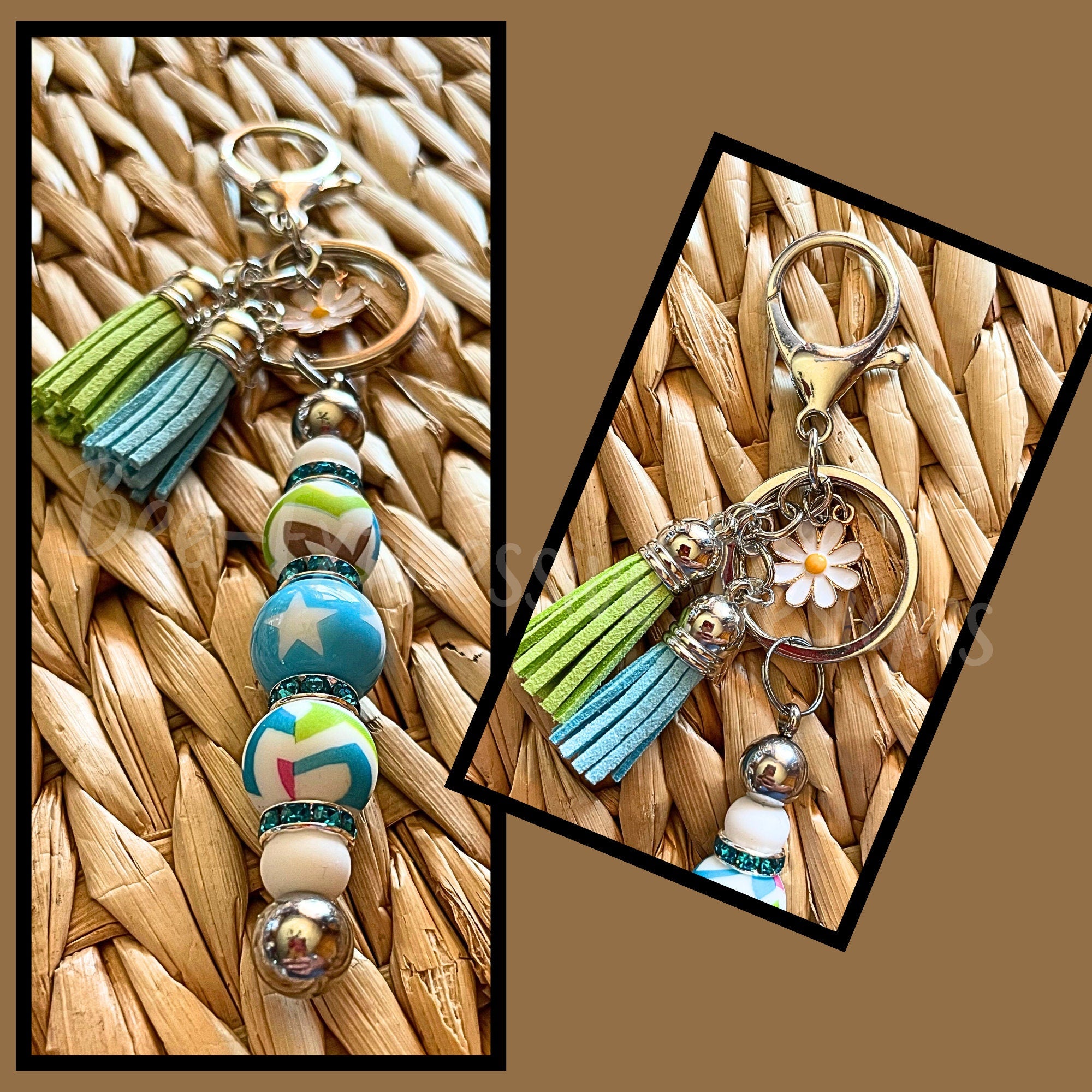 Beautiful, and colorful, handmade silicone keychain! Acrylic bead, lobster clasp, metal keychain, interchangeable, rhinestones, daisy charm