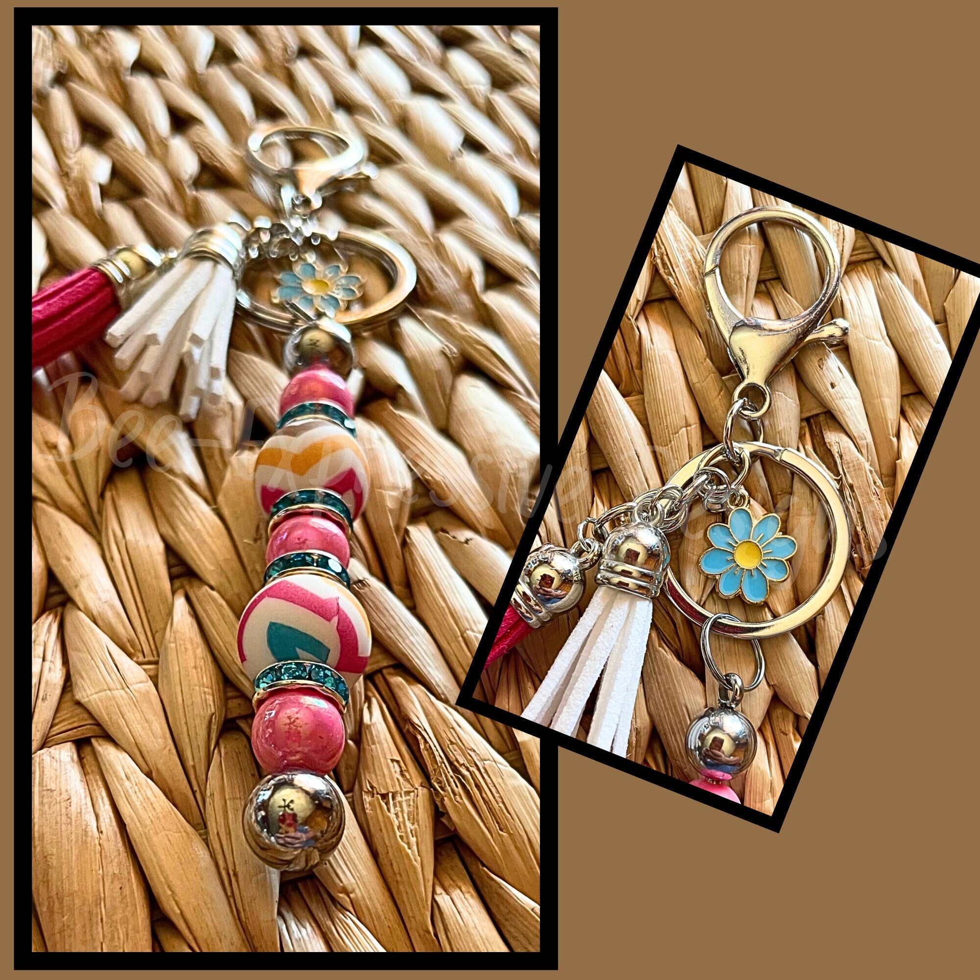 Beautiful, handmade keychain with iridescent beads! Lobster clasp, metal keychain, interchangeable, rhinestones, red daisy charm!