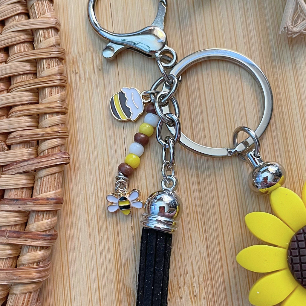 Handmade, beaded, silicone SUNFLOWER keychain! Lobster clasp, bee & a honey pot charm, wood striped bead, beaded tassel, rhinestone spacer