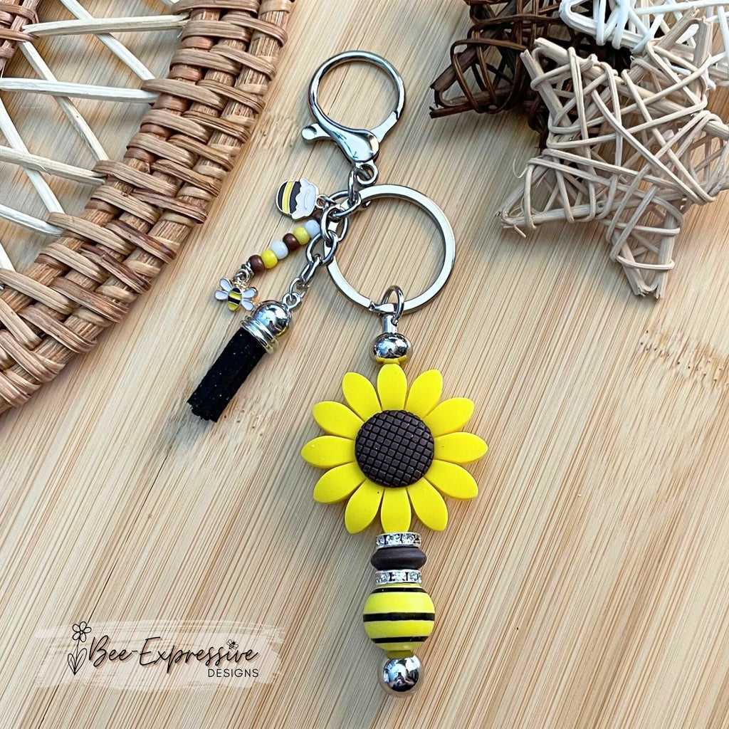 Handmade, beaded, silicone SUNFLOWER keychain! Lobster clasp, bee & a honey pot charm, wood striped bead, beaded tassel, rhinestone spacer