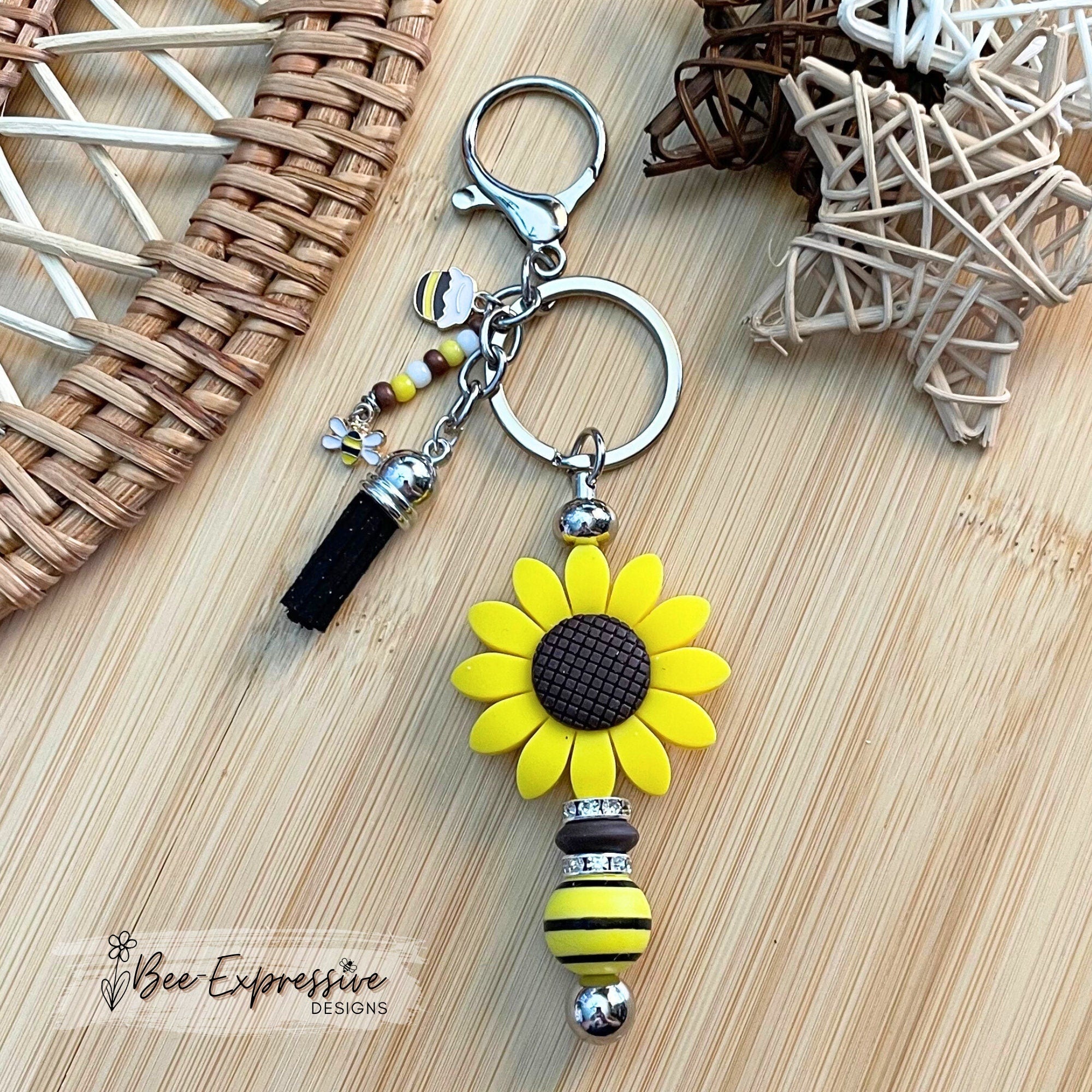 Handmade, beaded, silicone SUNFLOWER keychain! Lobster clasp, bee & a honey pot charm, wood striped bead, beaded tassel, rhinestone spacer