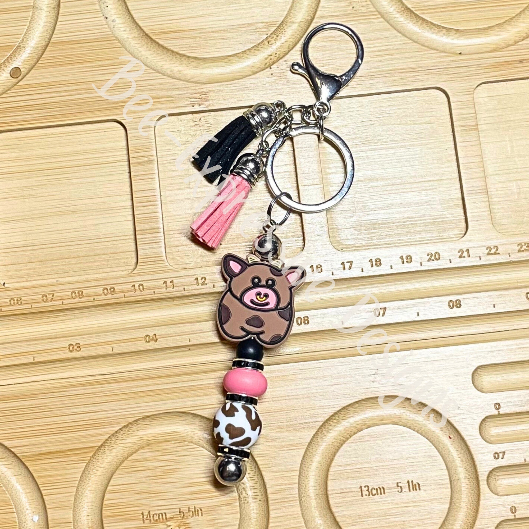 Handmade Cow Keychain: Rhinestone, Tassel, Cow Print Bead