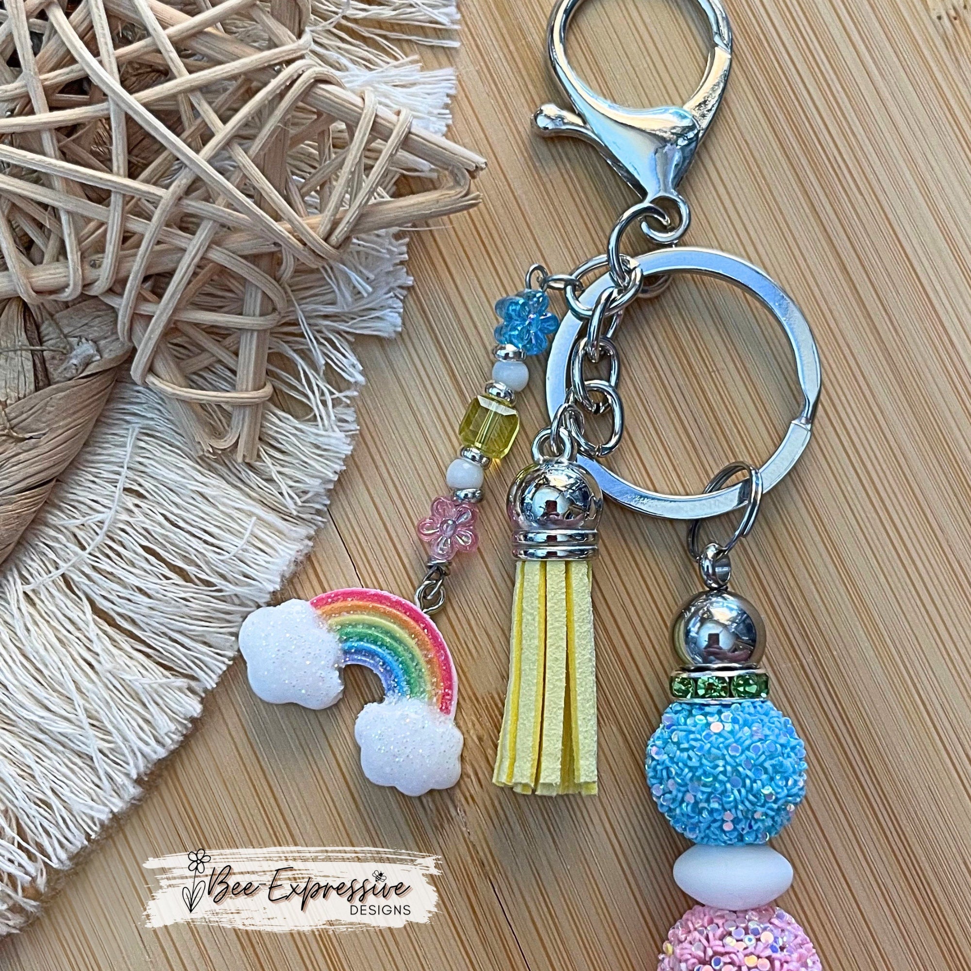 Beautiful, handmade, rainbow keychain! Lobster clasp, metal keychain, interchangeable, glitter beads, acrylic tiny flowers, rainbow charm