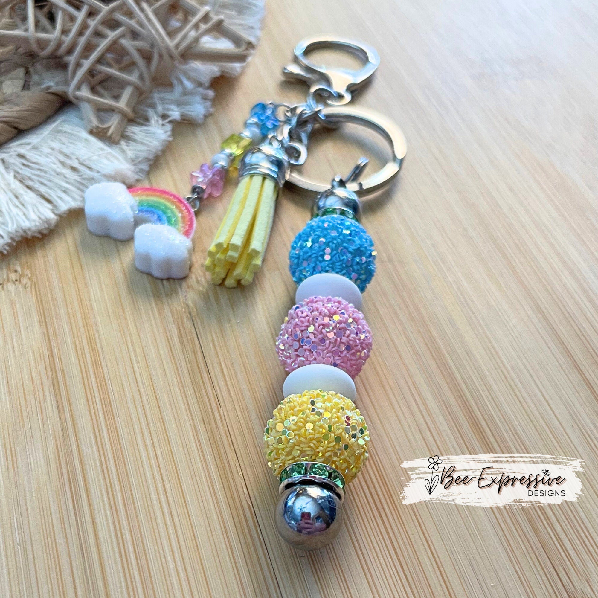 Beautiful, handmade, rainbow keychain! Lobster clasp, metal keychain, interchangeable, glitter beads, acrylic tiny flowers, rainbow charm
