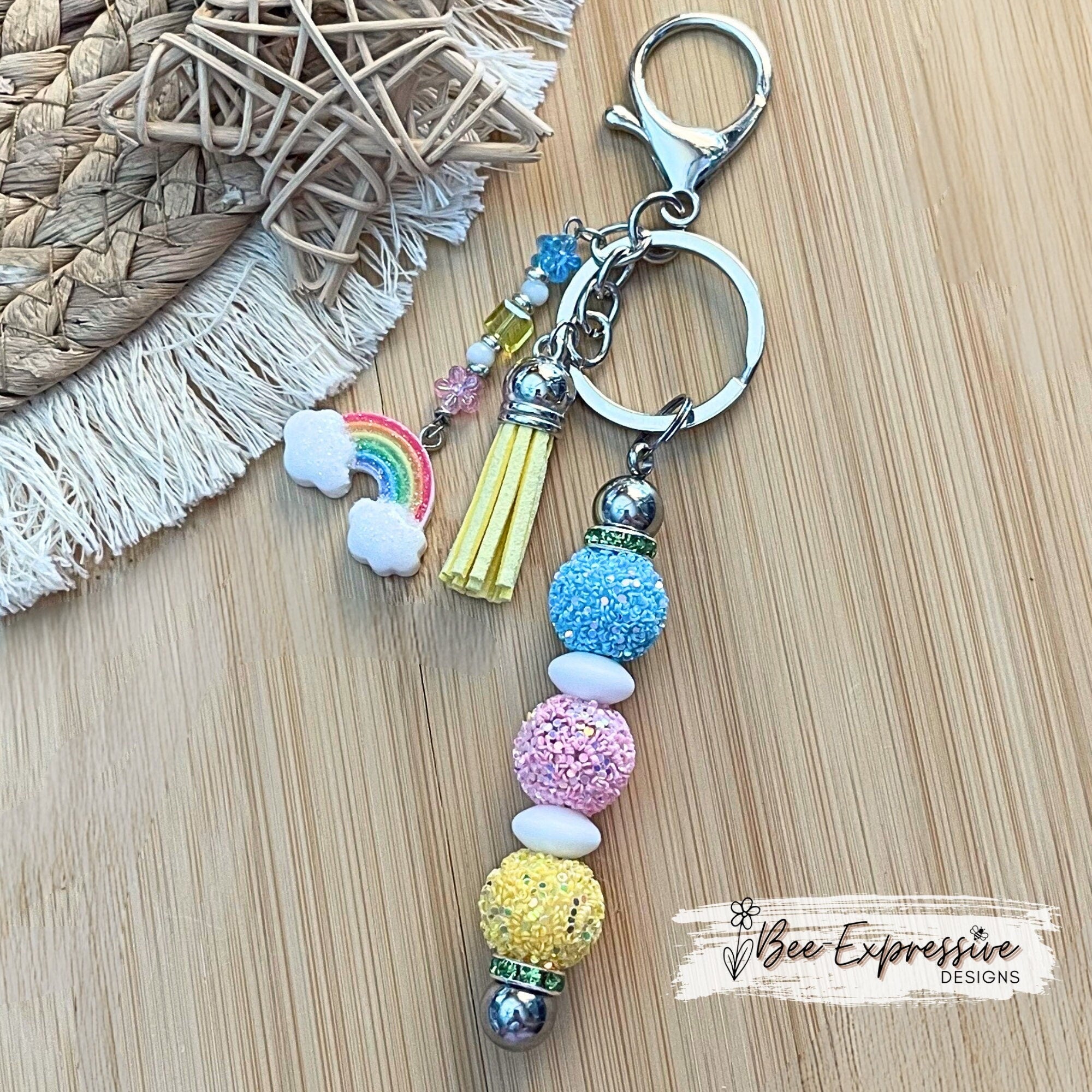 Beautiful, handmade, rainbow keychain! Lobster clasp, metal keychain, interchangeable, glitter beads, acrylic tiny flowers, rainbow charm