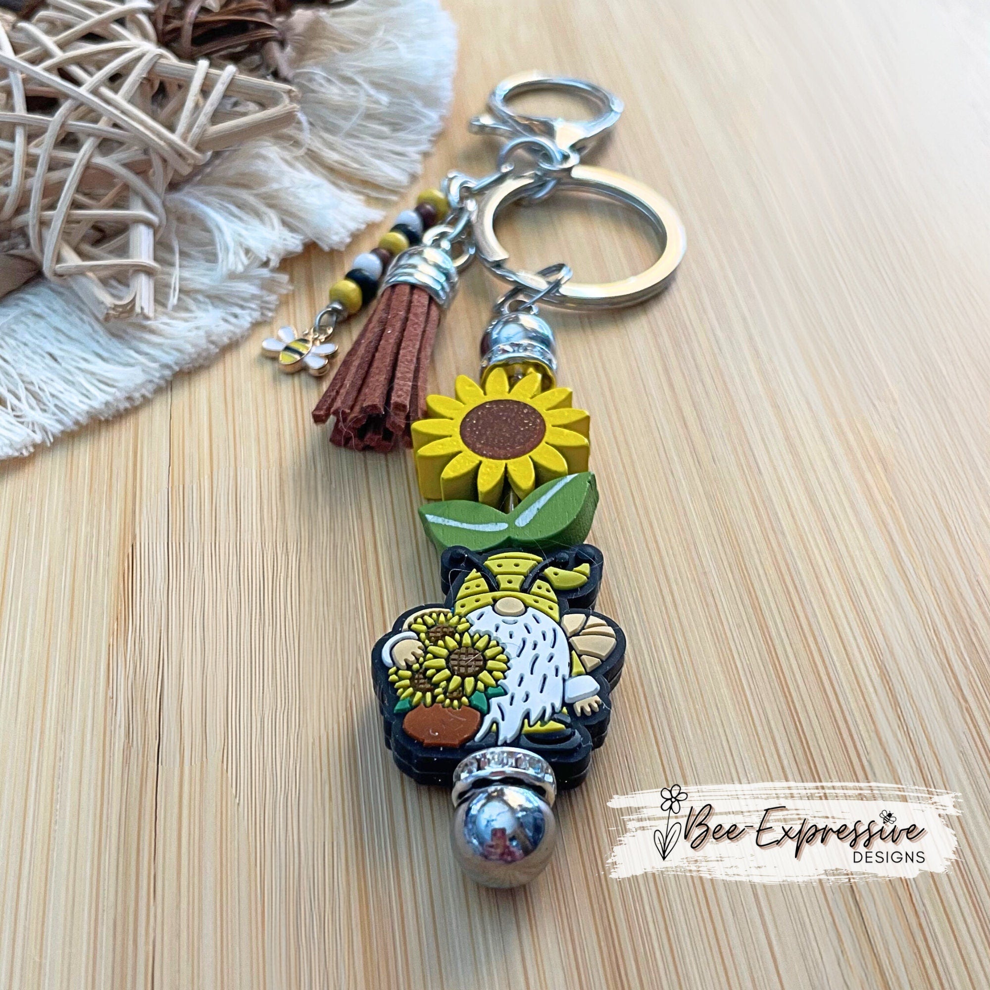 Handmade, unique, wooden sunflower gnome ' keychain!  Includes a beaded tassel and a bee charm!